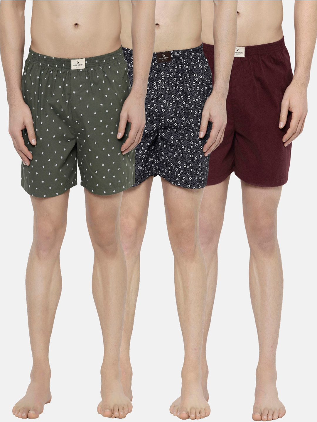 

cape canary Men Pack Of 3 Maroon, Green & Black Printed Pure Cotton Boxers