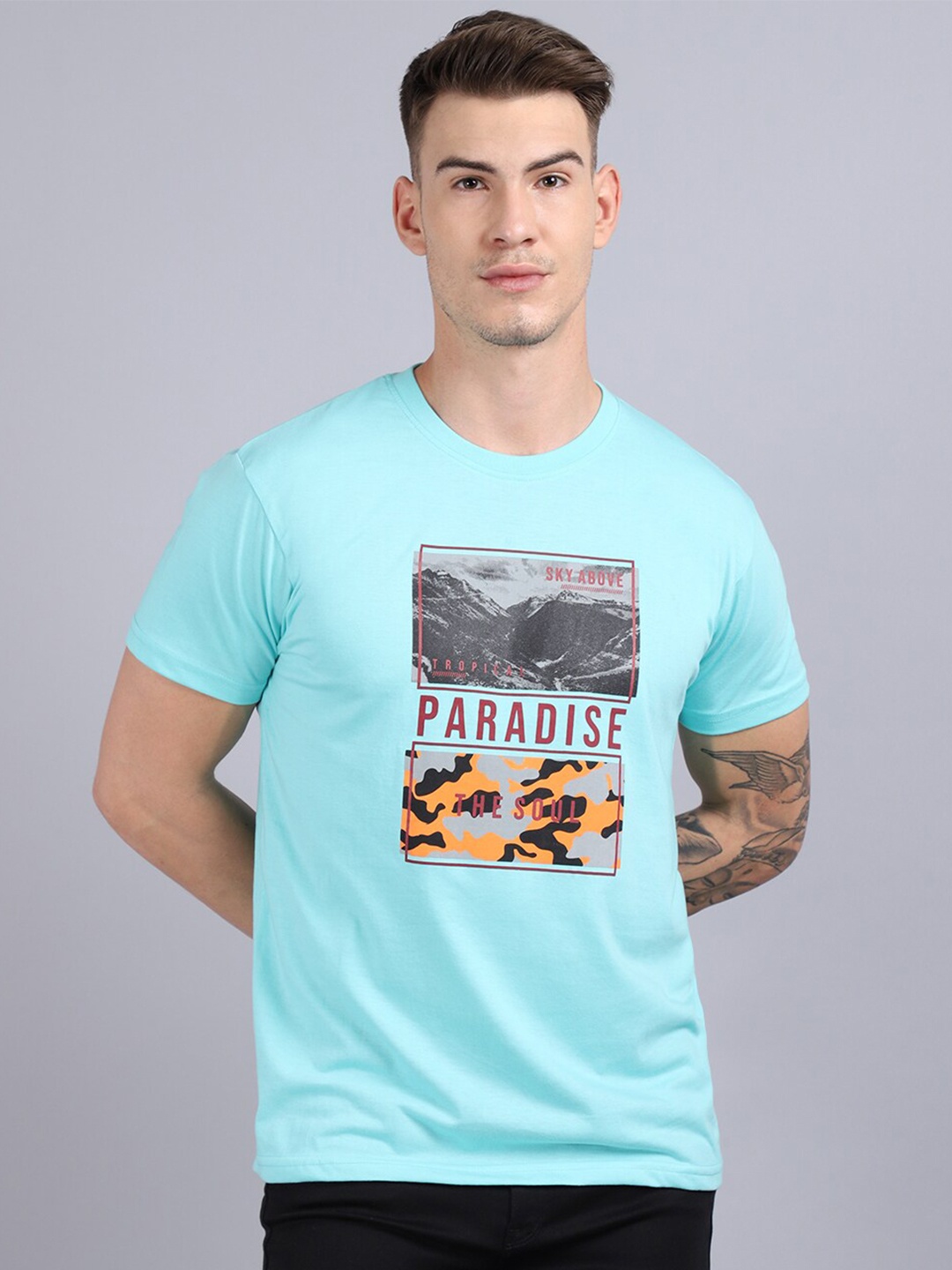 

Rodamo Men Green Typography Printed Slim Fit Cotton T-shirt
