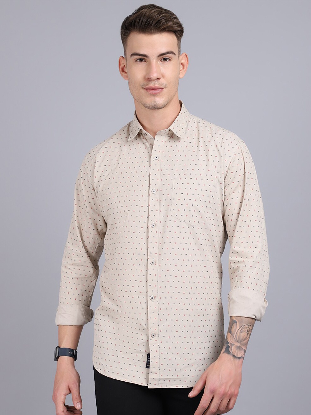 

Rodamo Men Beige Slim Fit Printed Casual Shirt