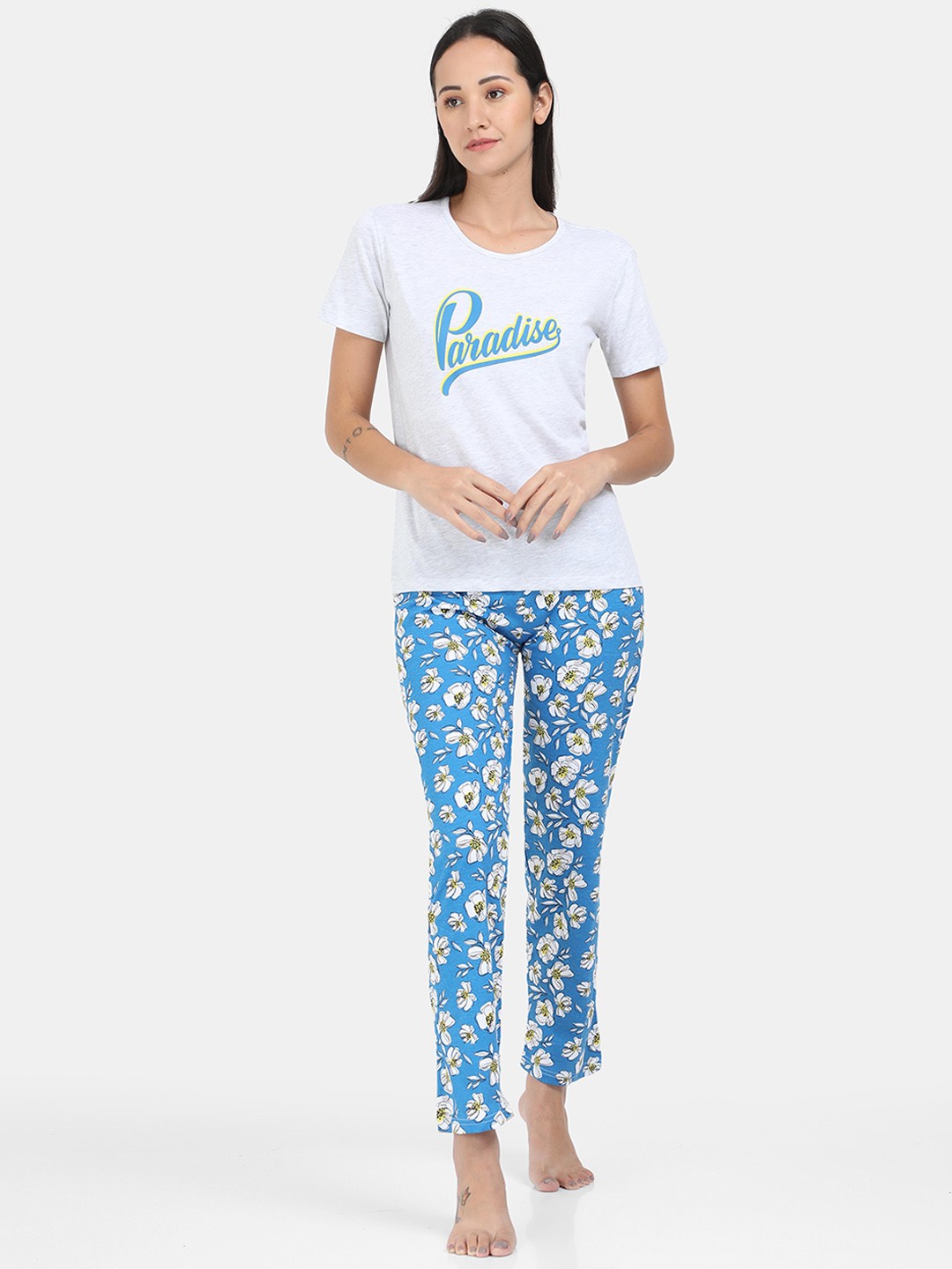 

ARDEUR Women White & Blue Printed Cotton Blend Night suit