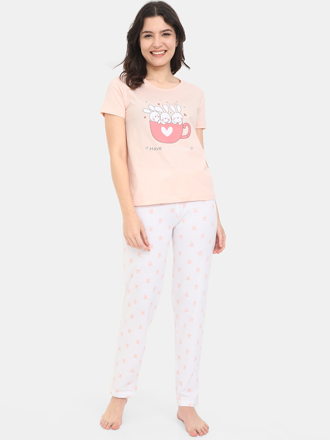 

ARDEUR Women Peach-Coloured & White Printed Night suit