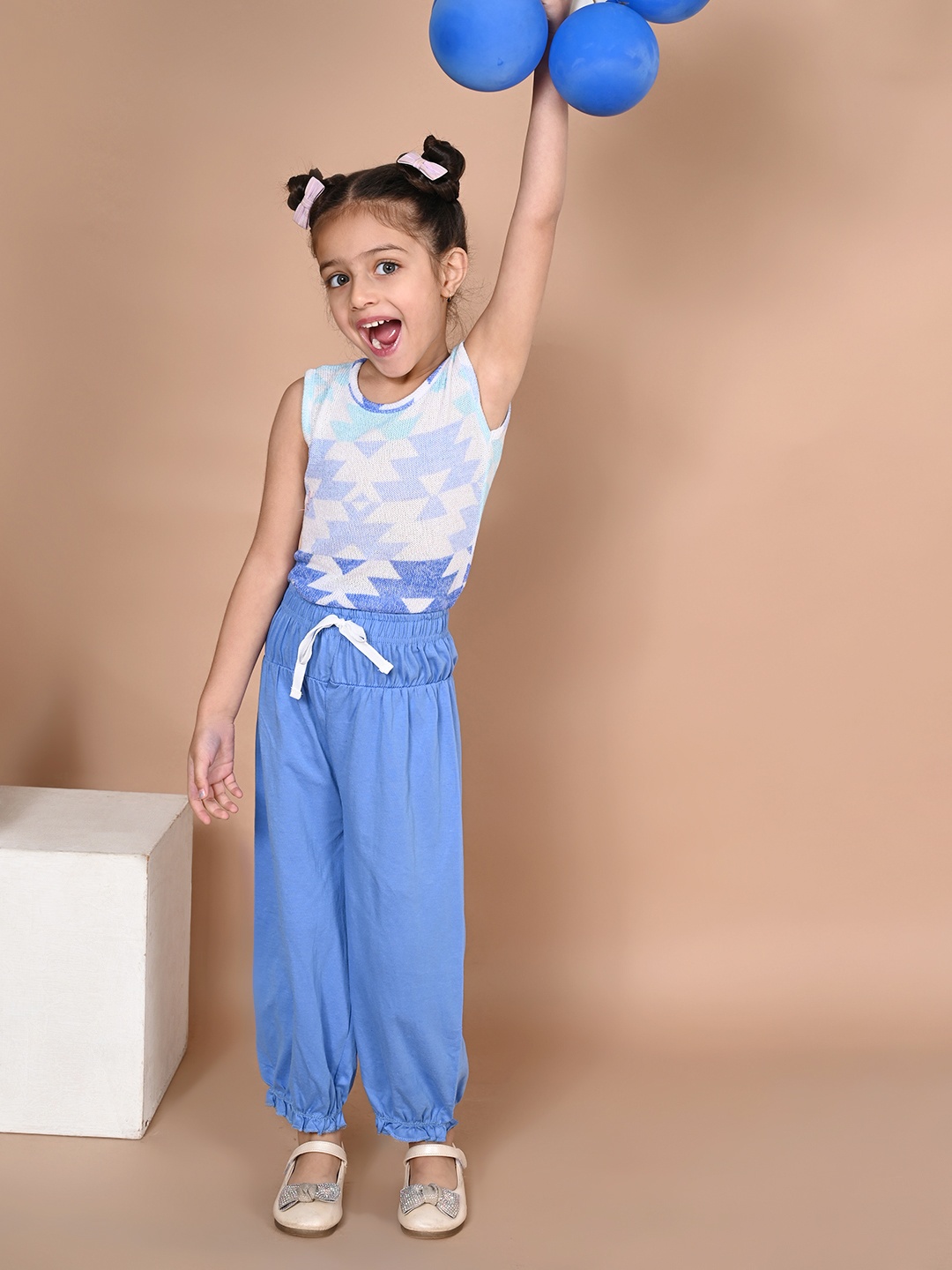 

LilPicks Girls Blue & White Printed Top with Dhoti Pants