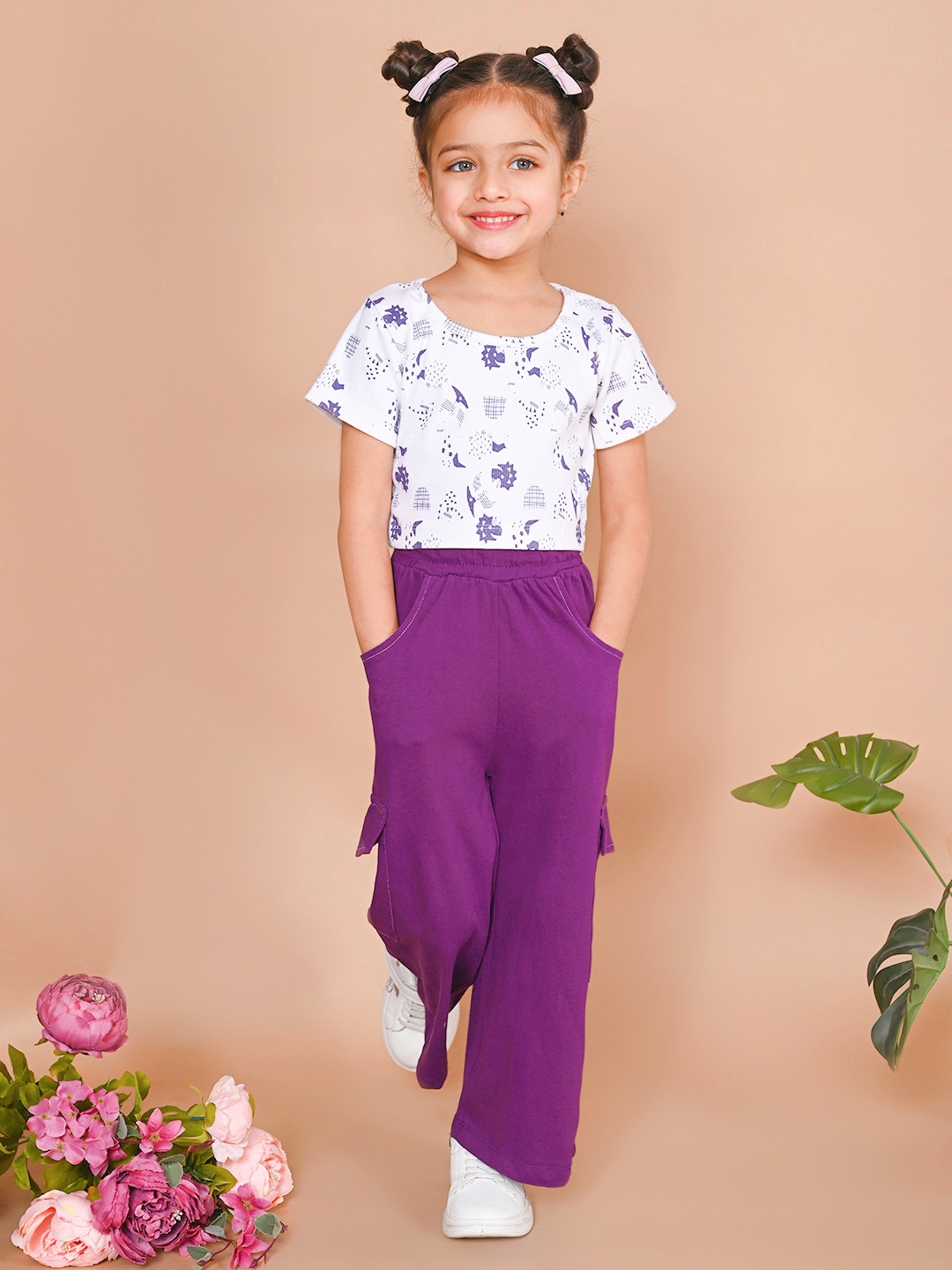 

LilPicks Girls White & Purple Printed Top with Palazzos