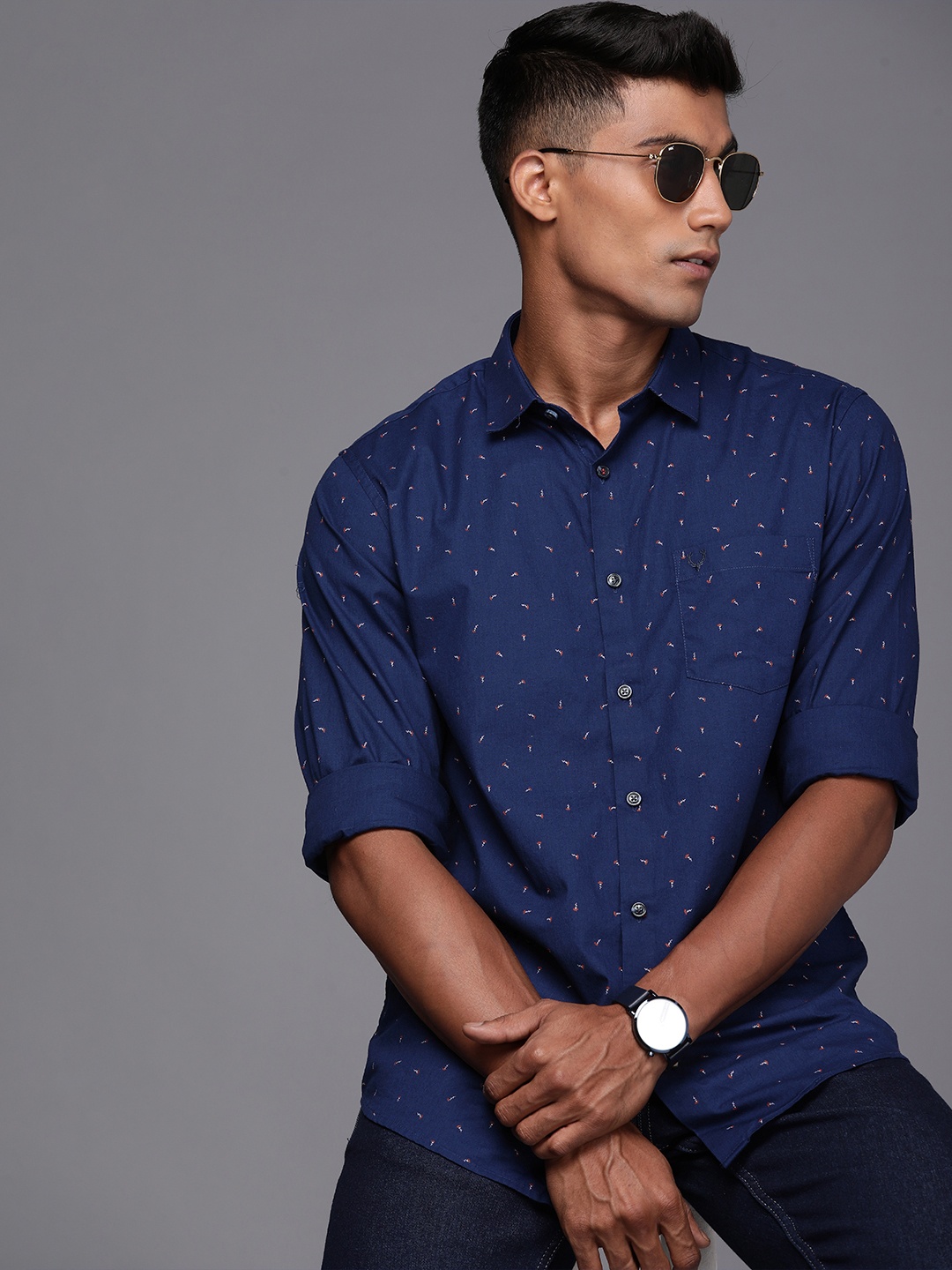 

Allen Solly Men Navy Blue Printed Pure Cotton Casual Shirt
