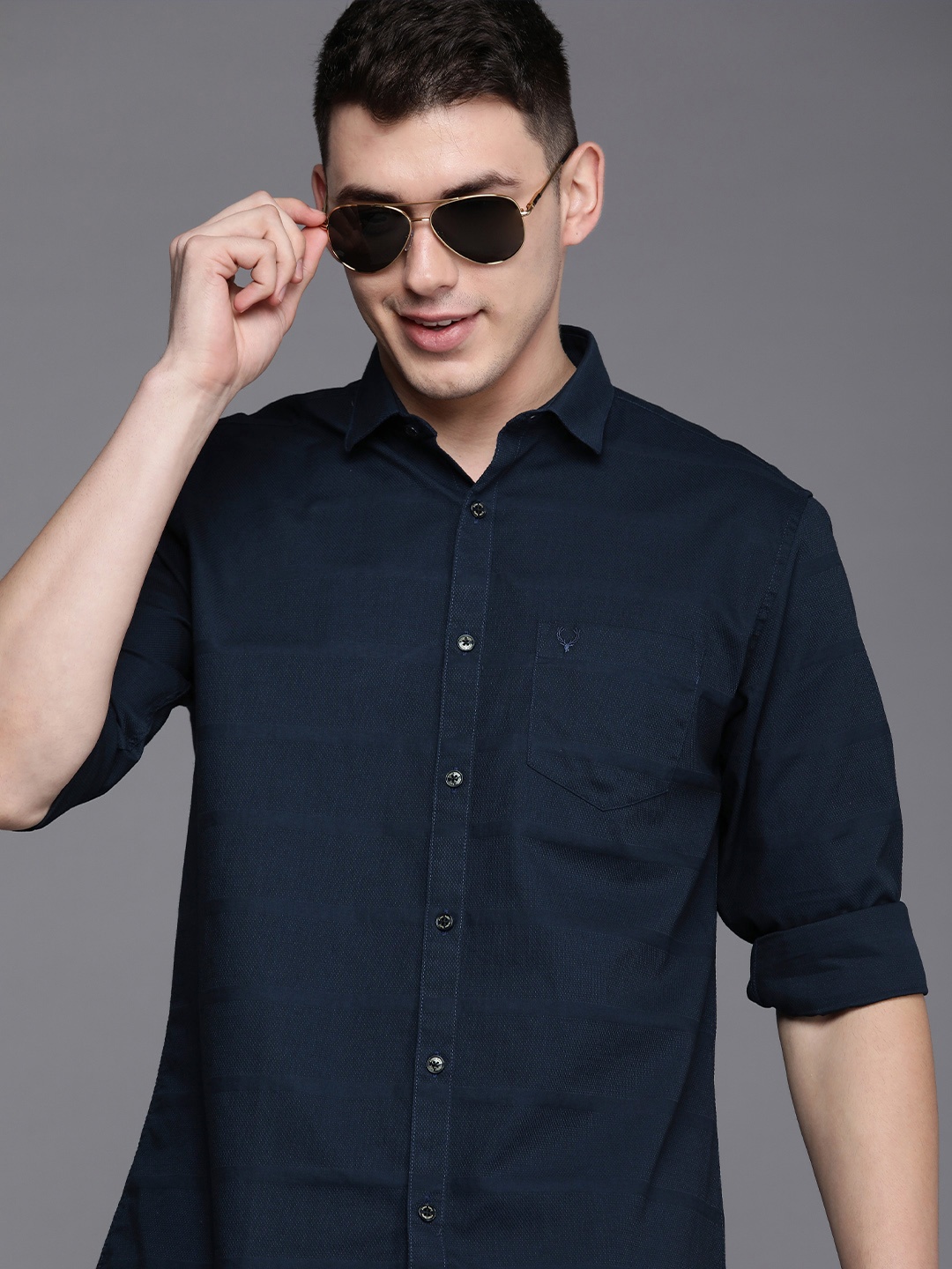 

Allen Solly Men Navy Blue Self-Design Sport Pure Cotton Casual Shirt