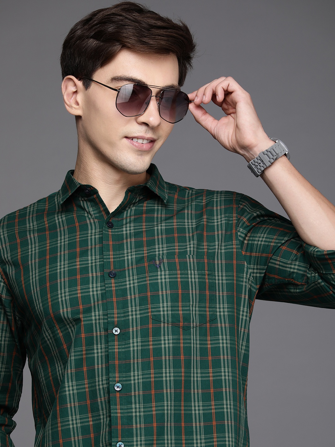 

Allen Solly Men Green & Orange Classic Fit Checked Pure Cotton Casual Shirt