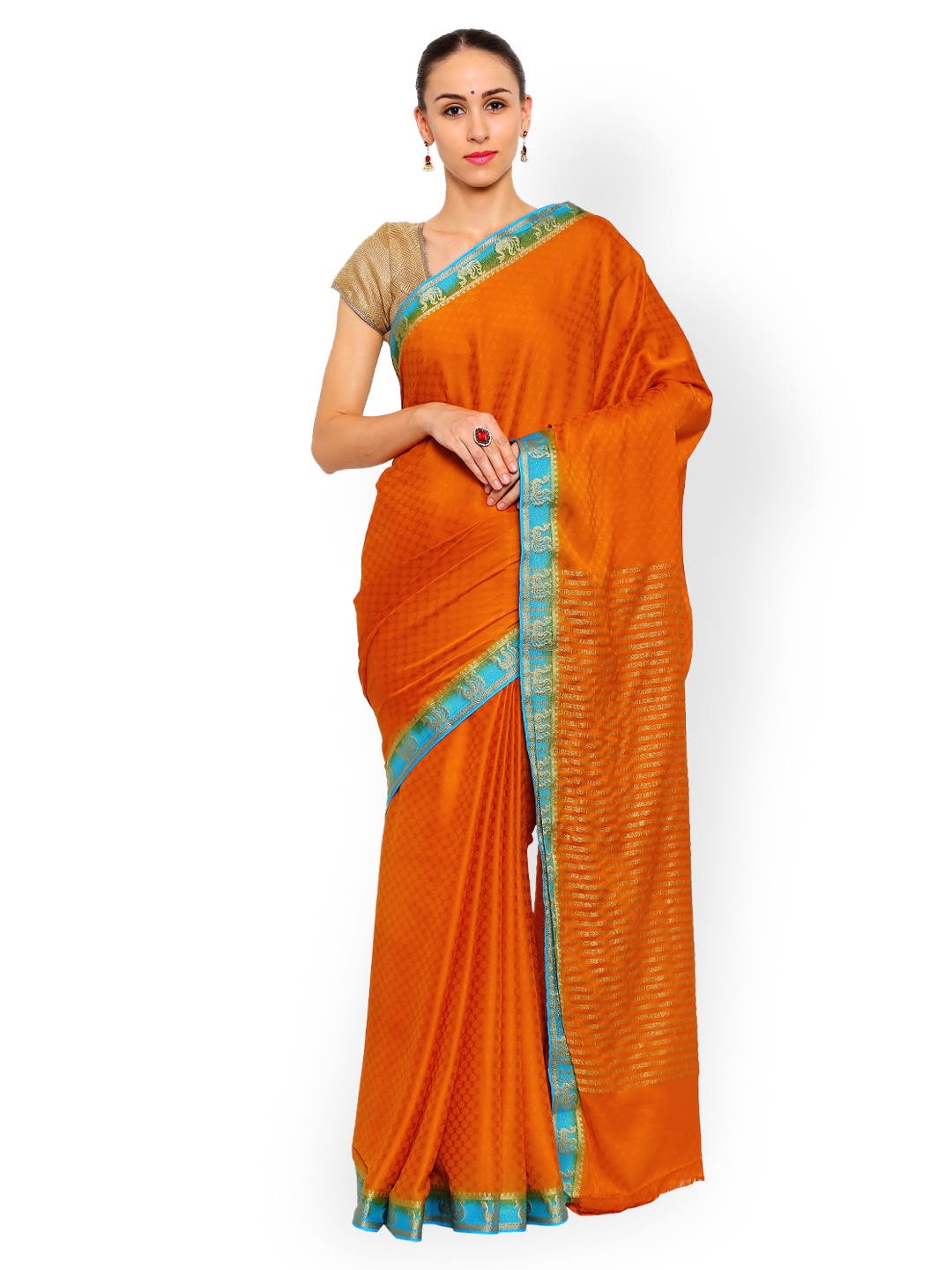 

Mimosa Orange Crepe & Art Silk Kanjeevaram Traditional Saree