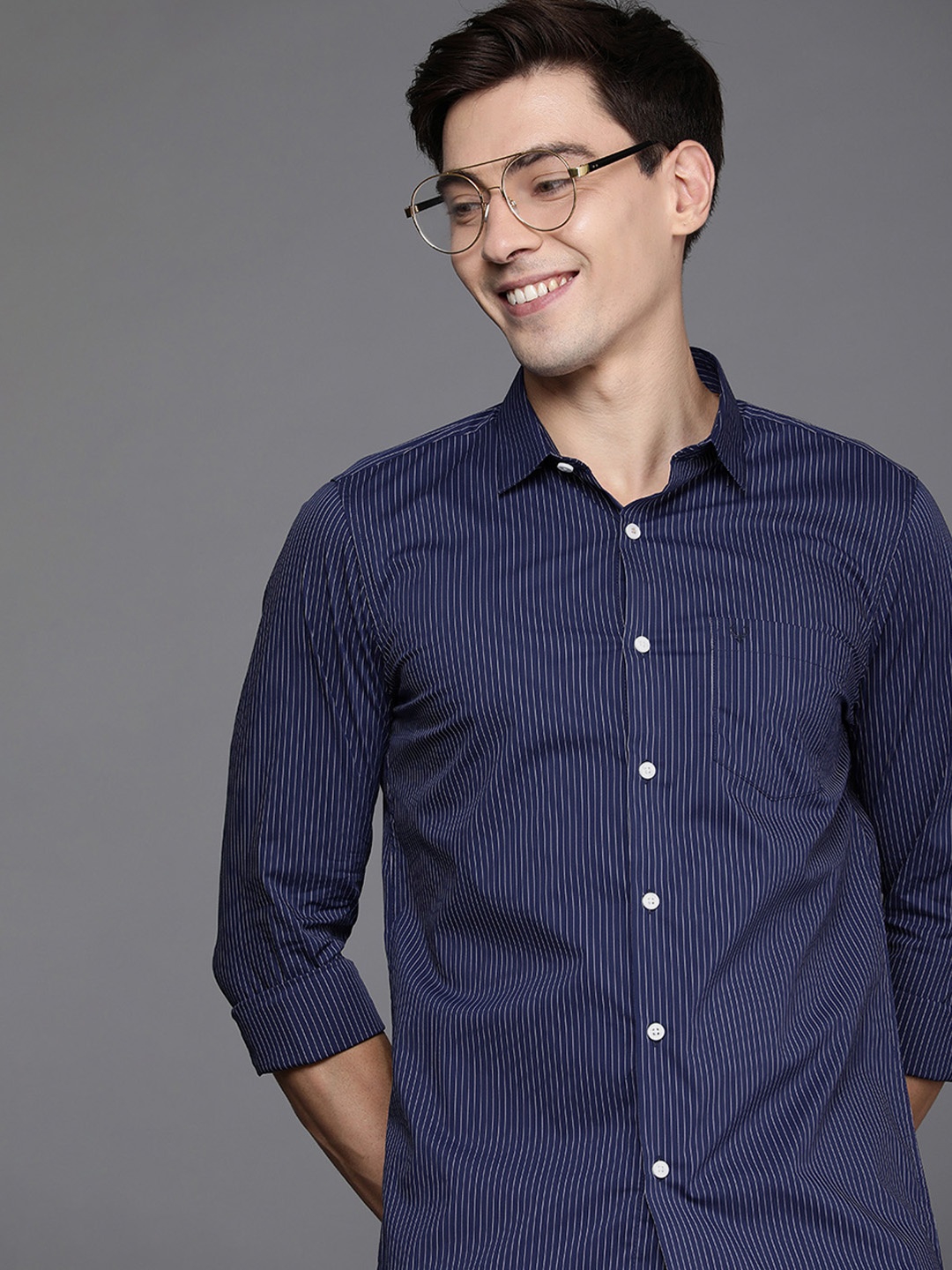 

Allen Solly Men Navy Blue Comfy Slim Fit Striped Casual Shirt