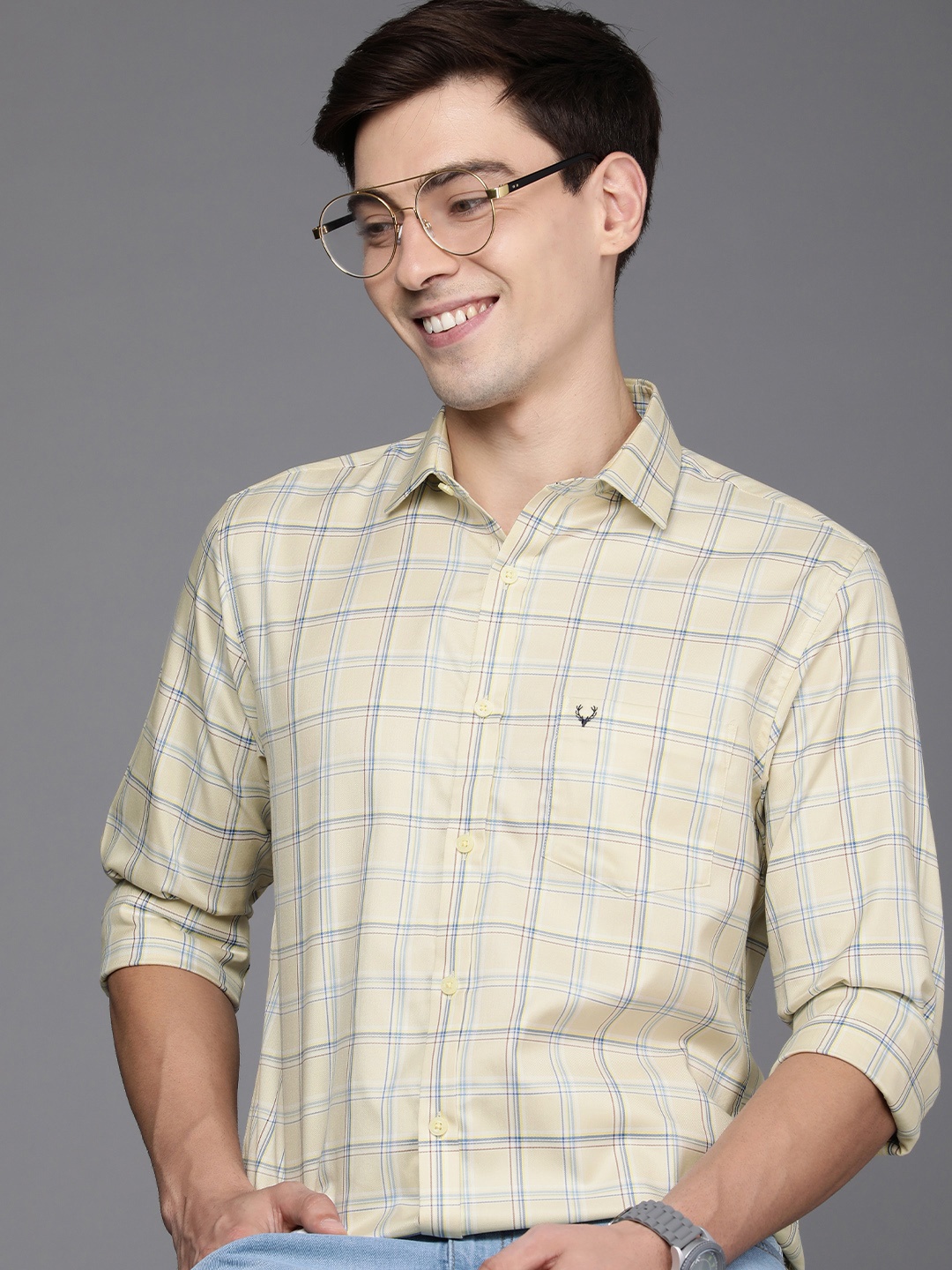 

Allen Solly Men Beige And Blue Checked Pure Cotton Casual Shirt