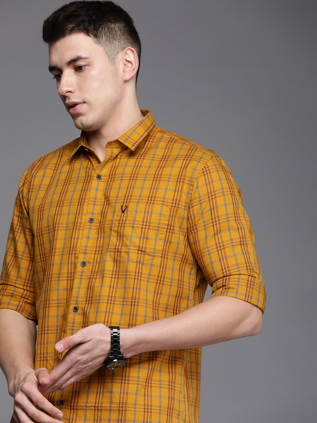 

Allen Solly Men Mustard Yellow Checked Pure Cotton Casual Shirt