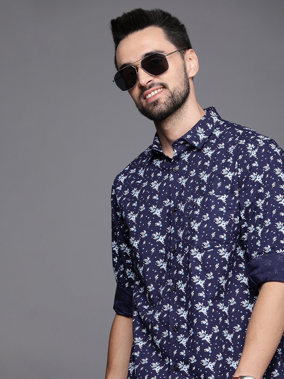 

Allen Solly Men Navy Blue Classic Fit Floral Printed Casual Shirt