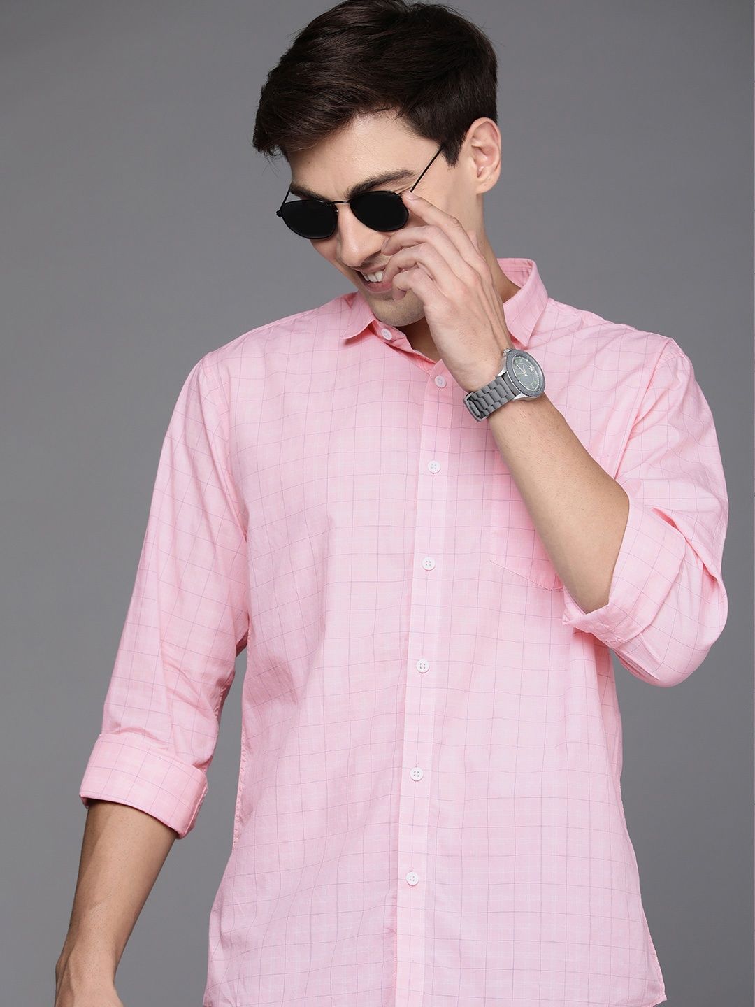 

Allen Solly Men Pink Grid Tattersall Checked Pure Cotton Casual Shirt