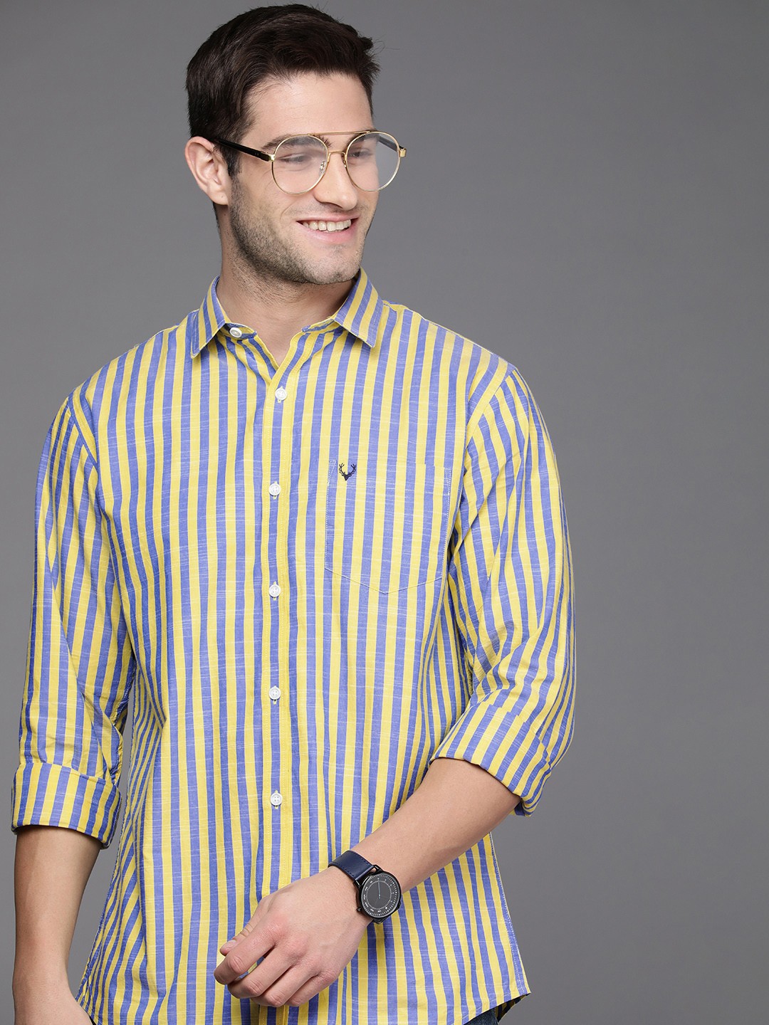 

Allen Solly Men Yellow And Blue Striped Pure Cotton Casual Shirt