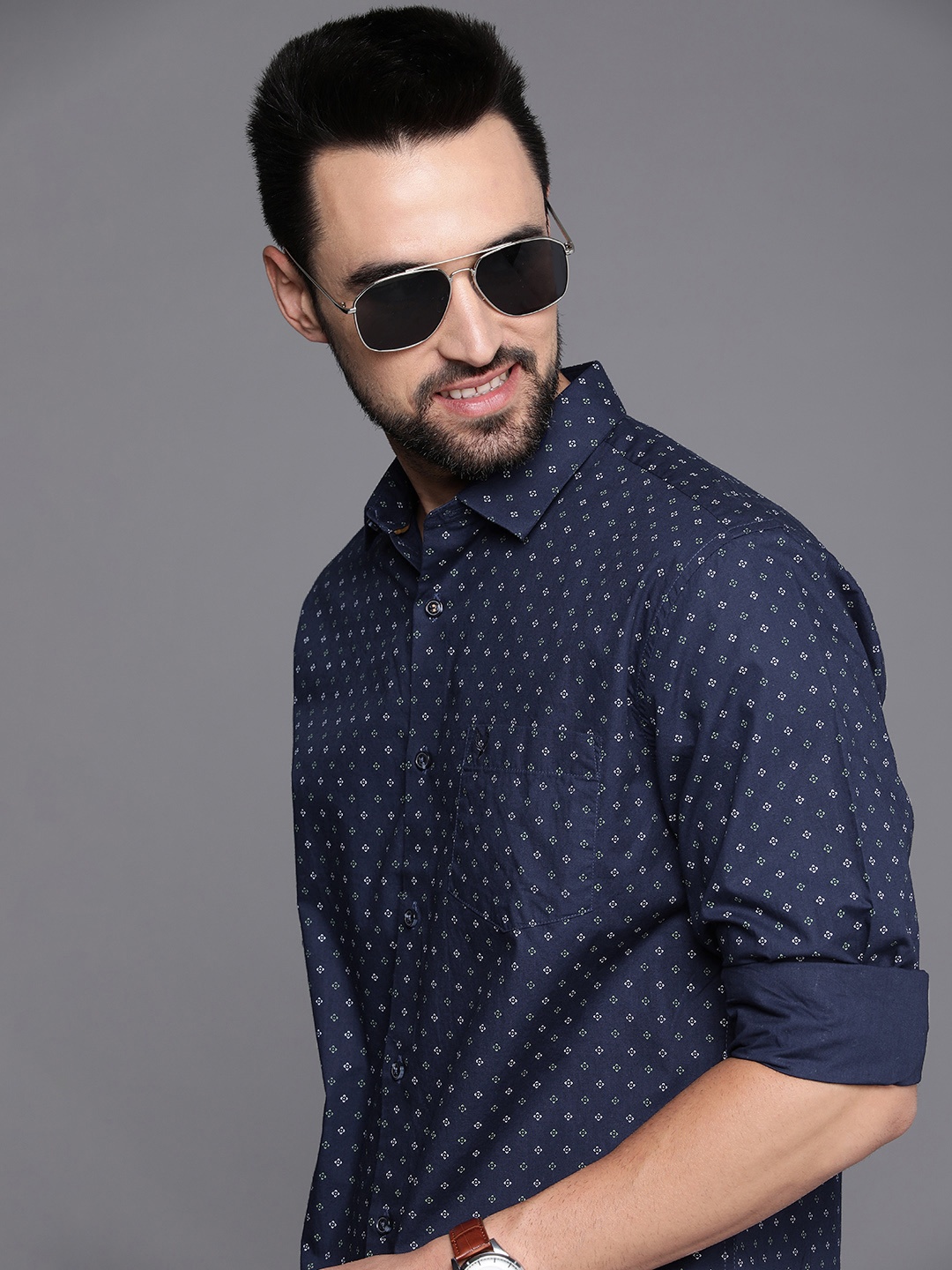 

Allen Solly Men Navy Blue Classic Fit Printed Casual Shirt