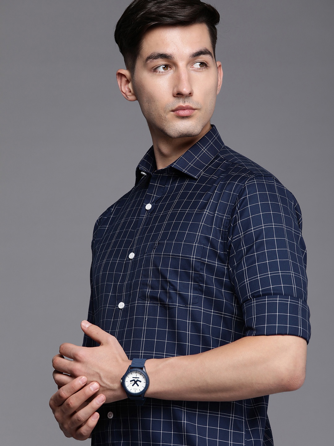 

Allen Solly Men Navy Blue Sport Checked Pure Cotton Casual Shirt