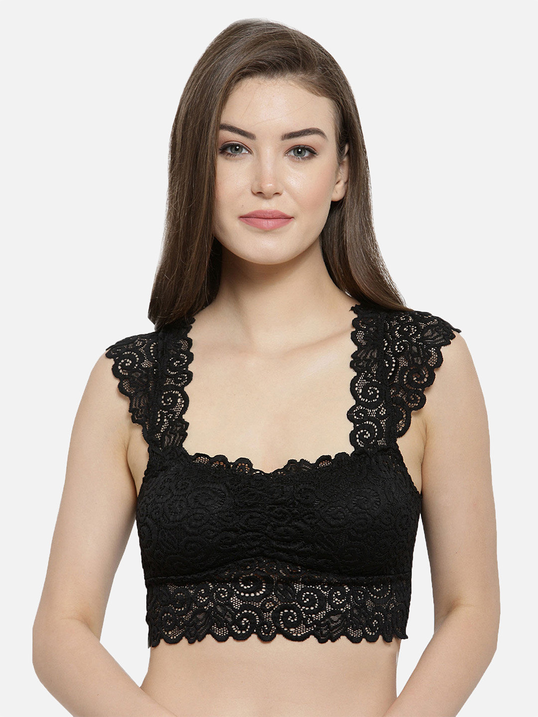 

DEALSEVEN FASHION Black Floral Lightly Padded Bralette Bra