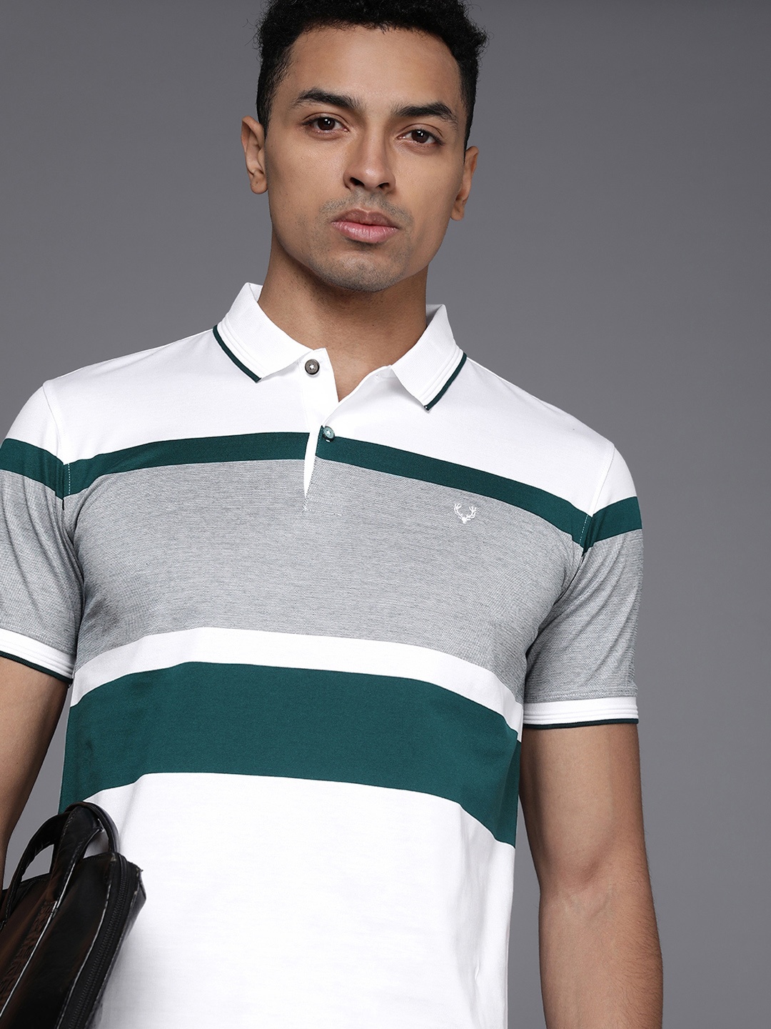 

Allen Solly Self Design Colorblocked Polo Collar Pure Cotton T-shirt, White