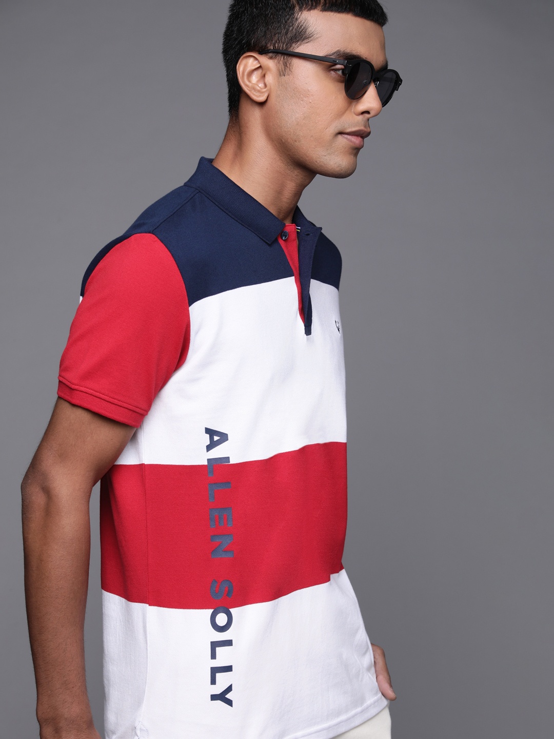 

Allen Solly Men Red & White Pure Cotton Brand Logo Colourblocked Polo Collar T-shirt