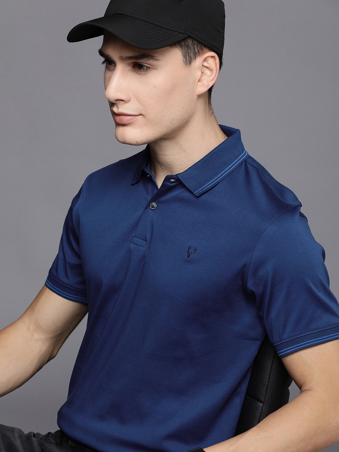 

Allen Solly Men Navy Blue Solid Polo Collar Pure Cotton T-shirt