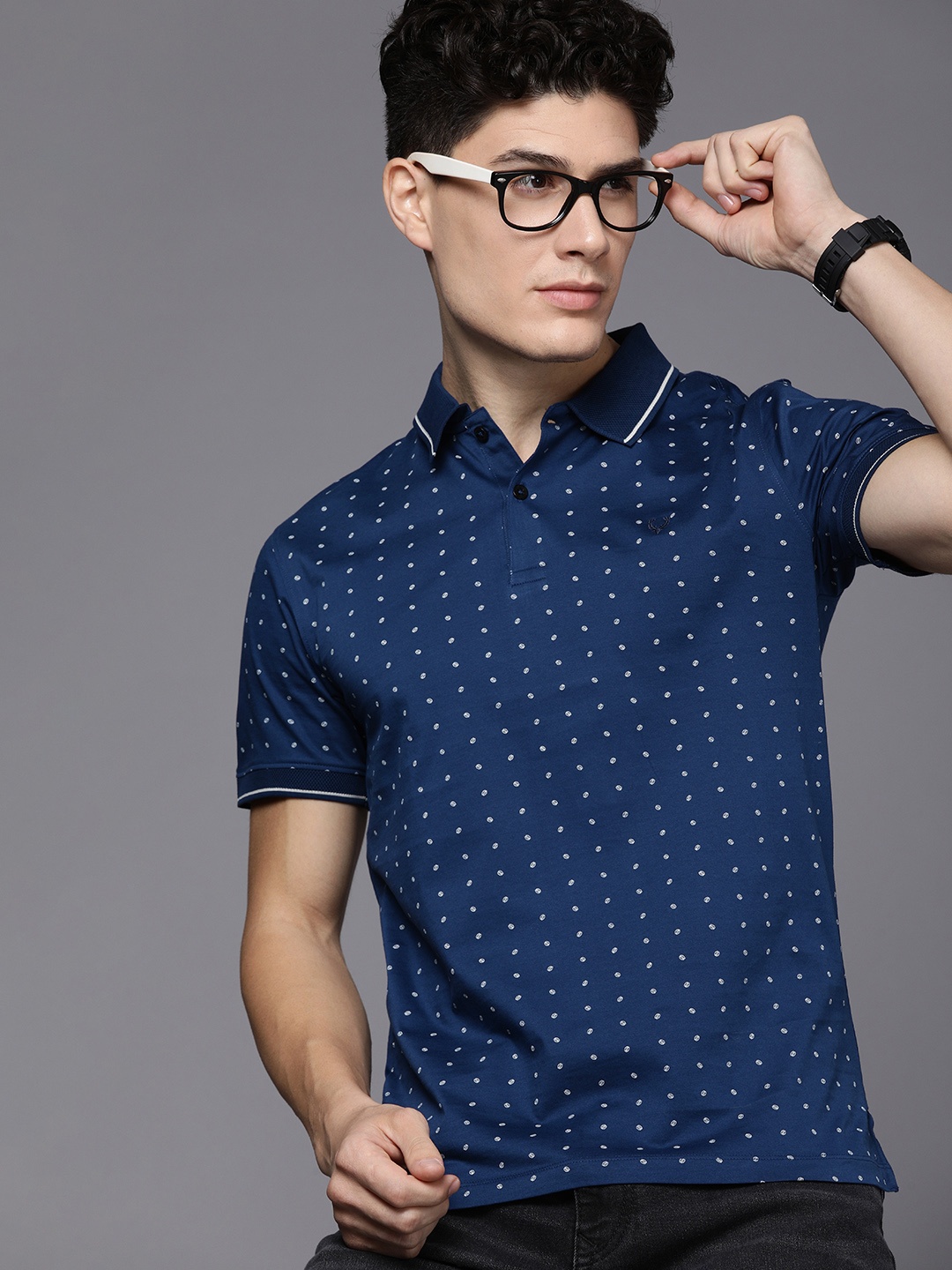 

Allen Solly Men Navy Blue & White Printed Polo Collar Pure Cotton T-shirt