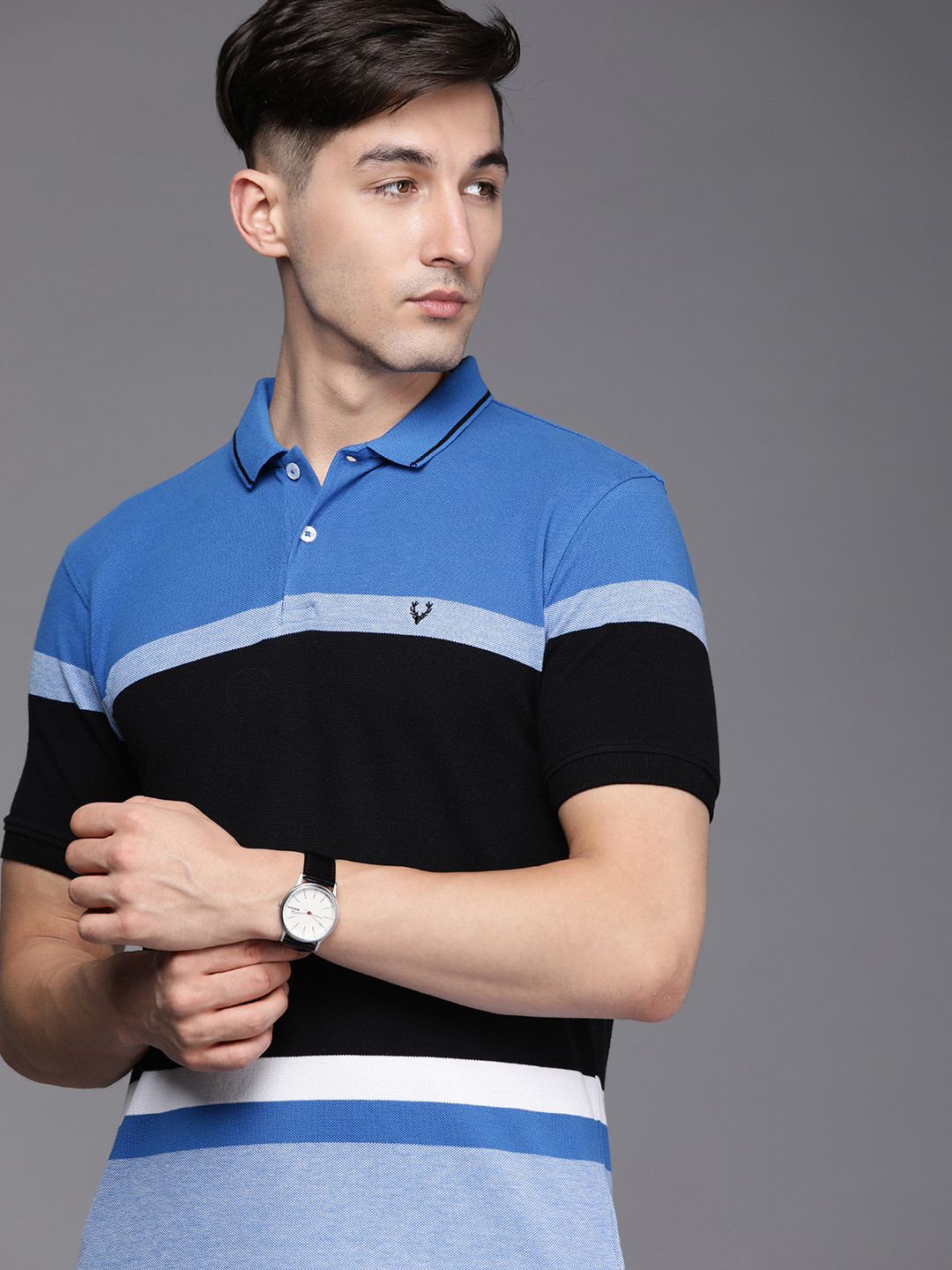 

Allen Solly Men Blue & Black Colourblocked Polo Collar Pure Cotton T-shirt
