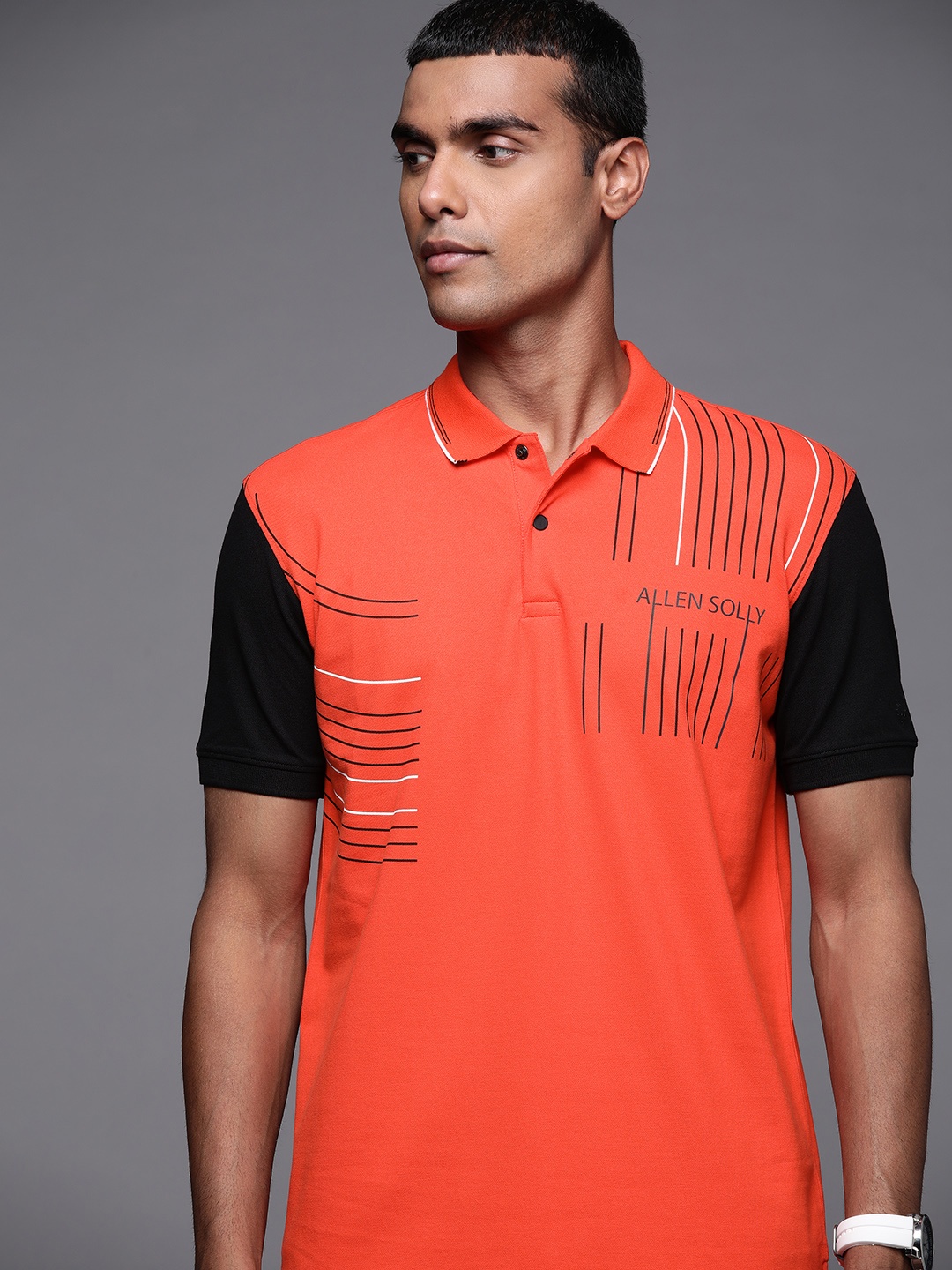 

Allen Solly Men Orange & Black Brand Logo Printed Polo Collar T-shirt