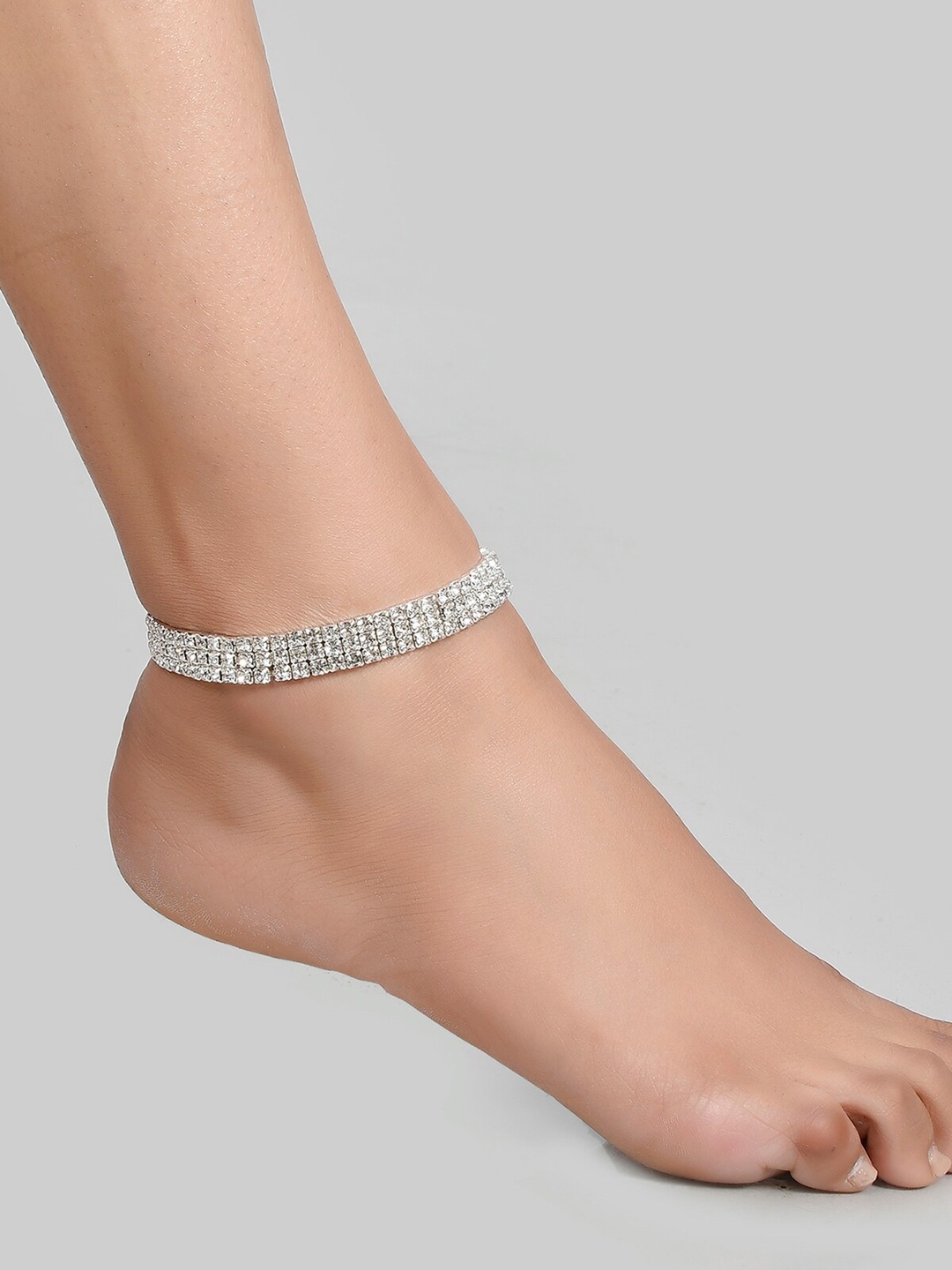 

AQUASTREET Silver-Plated 3 Row Diamond Look Crystal Stretchable Anklet