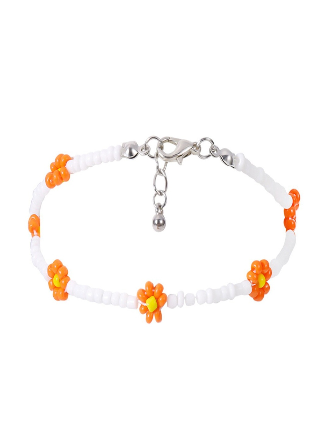 

AQUASTREET Women White & Orange Flower Rice Beaded Beach Alloy Anklet