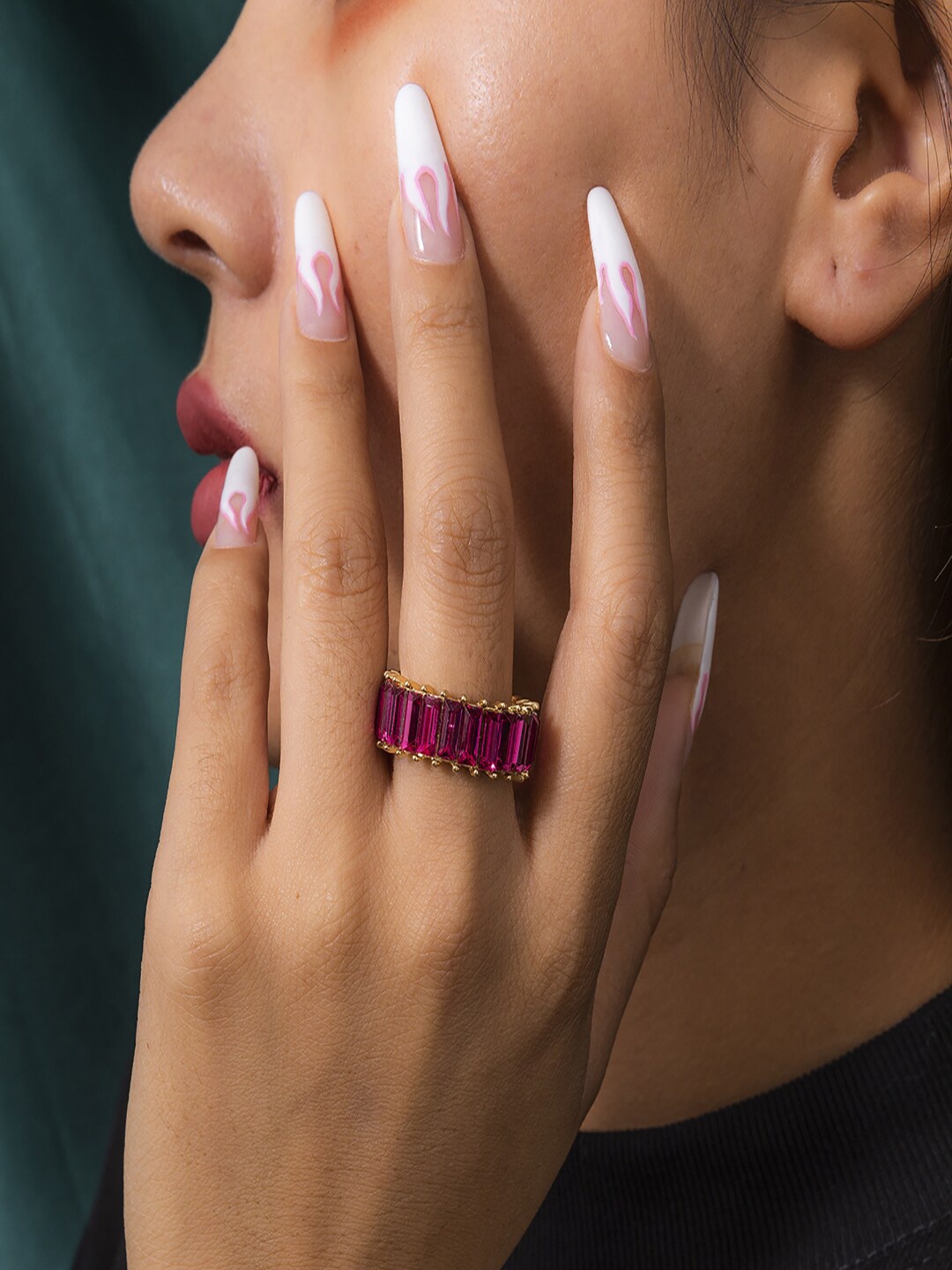 

AQUASTREET Women Gold-Plated Pink CZ-Studded Band Finger Ring