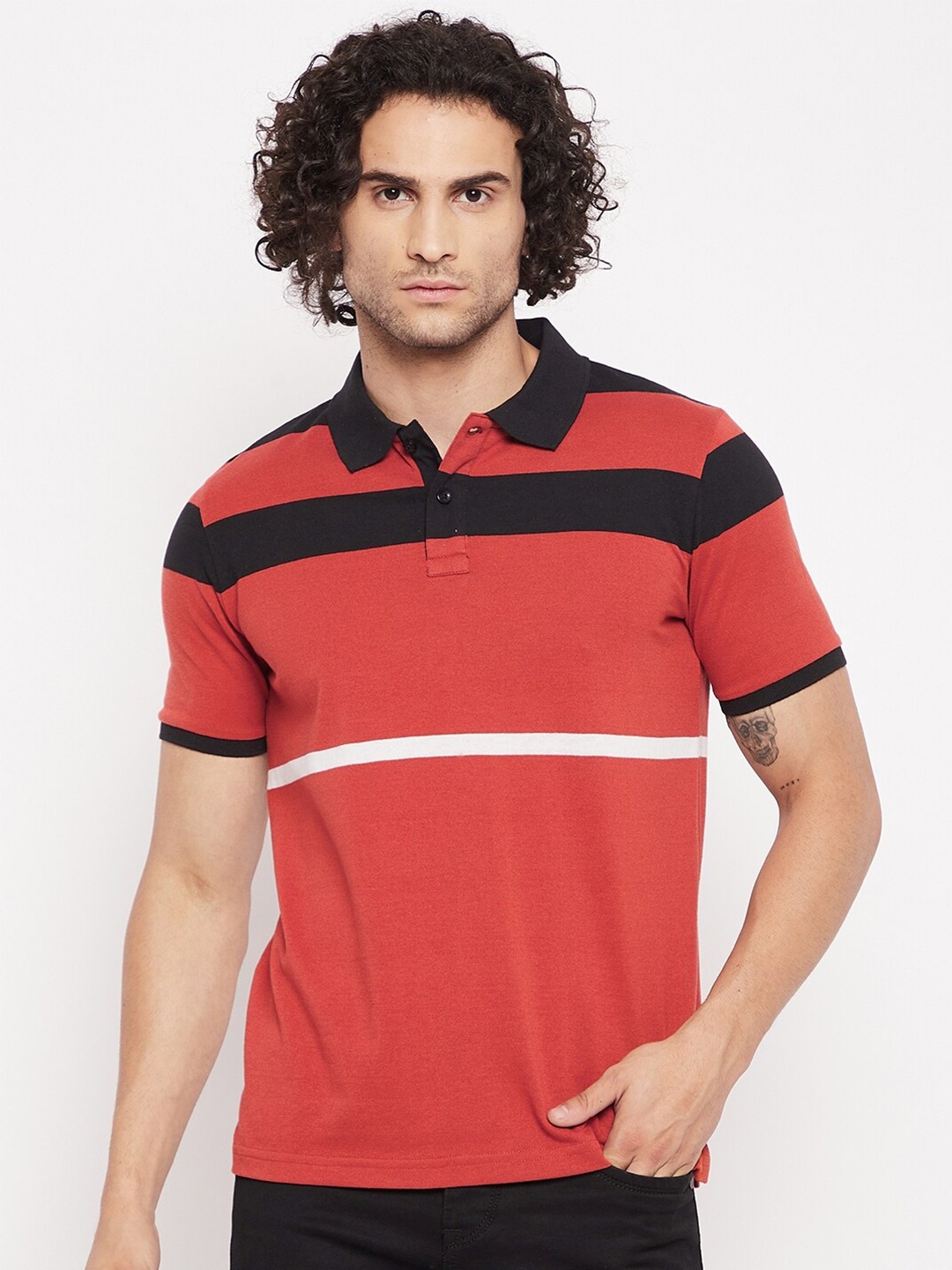 

Austin wood Men Red & Black Striped Polo Collar Slim Fit T-shirt