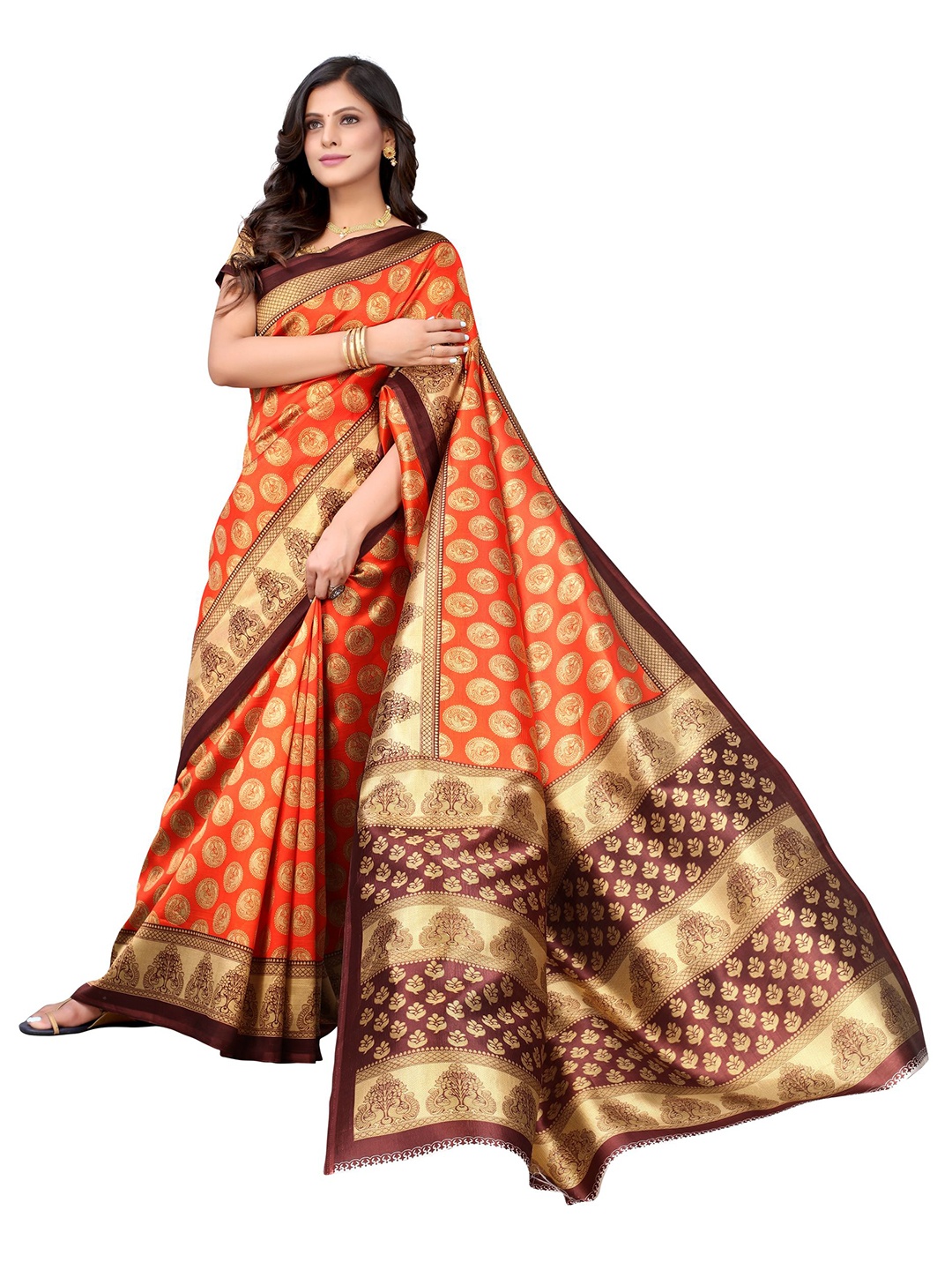 

Yashika Orange & Brown Ethnic Motifs Art Silk Saree