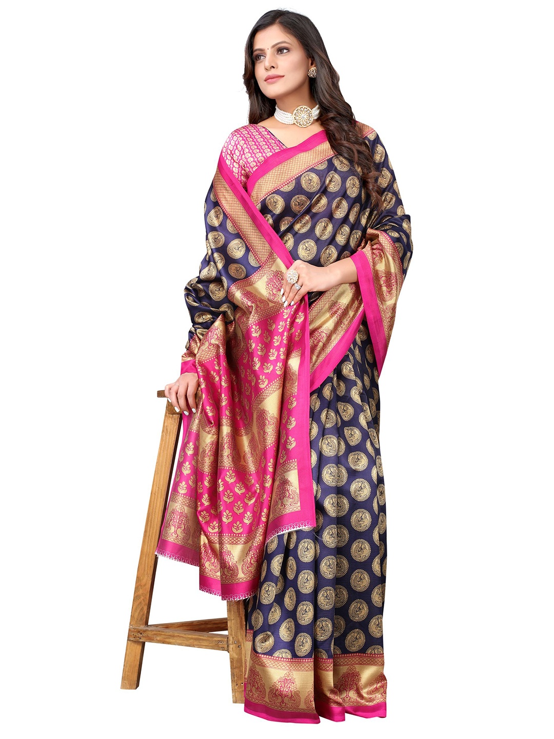 

Yashika Navy Blue & Pink Ethnic Motifs Art Silk Khadi Saree