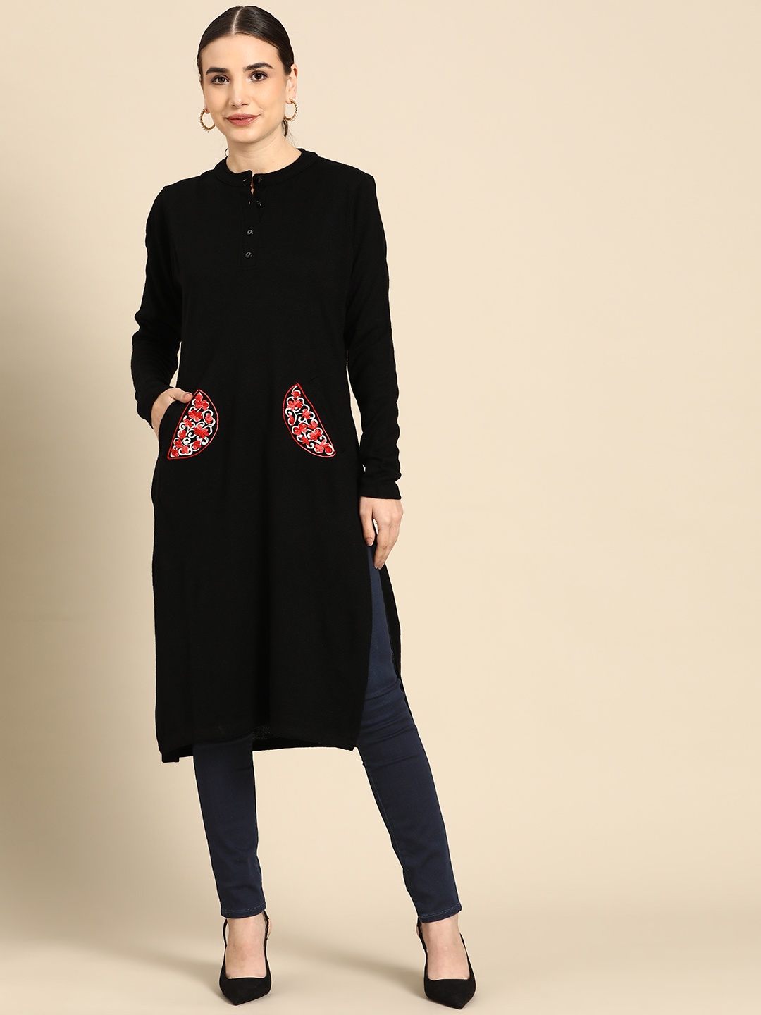 

Anouk Women Black Pure Acrylic Solid Winter Kurta