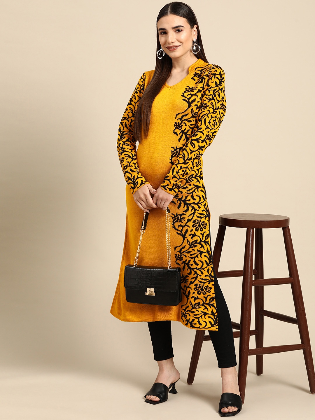 

Anouk Women Mustard Yellow & Black Woven Design Woollen Winter Kurta