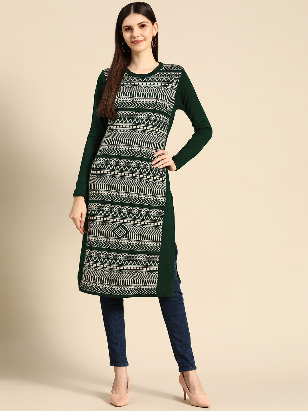 

Anouk Women Green & Cream-Coloured Geometric Printed Knitted Kurta