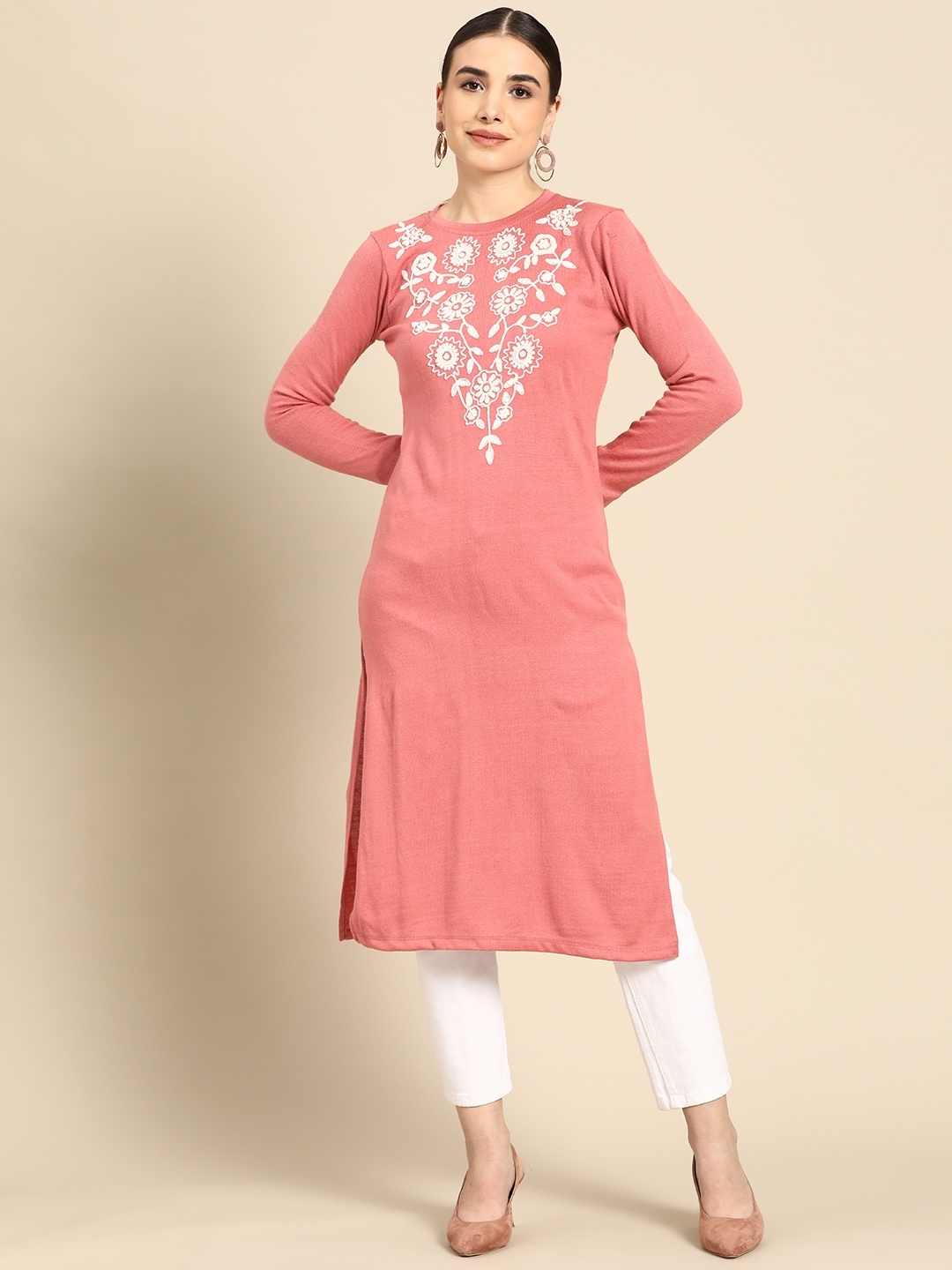 

Anouk Women Pink Pure Acrylic Yoke Design Winter Kurta