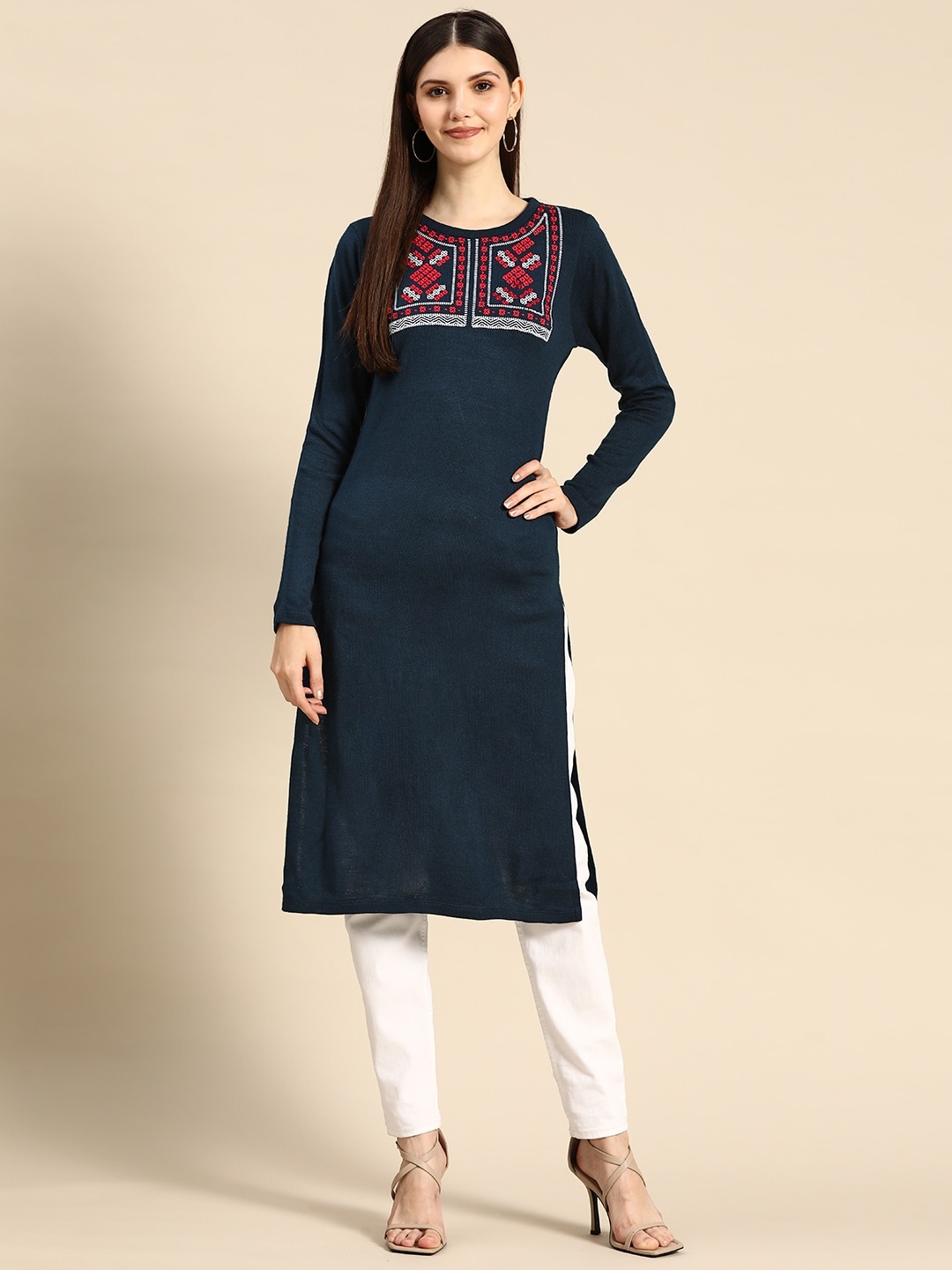 

Anouk Women Navy Blue & Red Ethnic Motifs Embroidered Knitted Winter Kurta