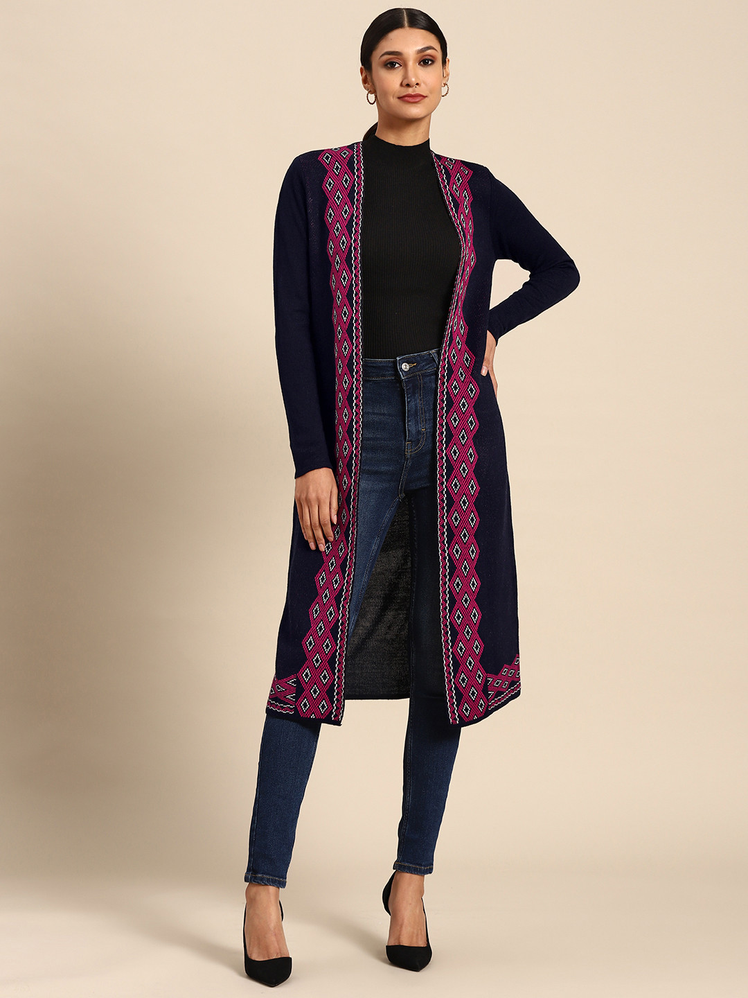 

Anouk Women Navy Blue & Pink Border Design Longline Winter Shrug