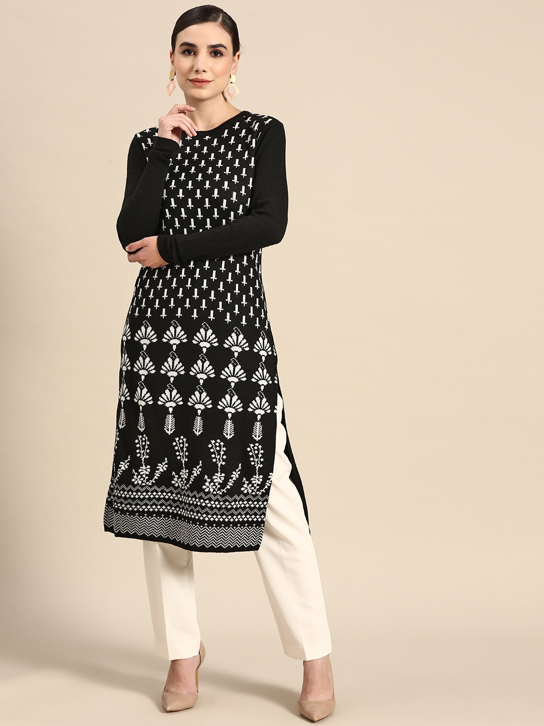 

Anouk Women Black & Off White Ethnic Motifs Winter Kurta