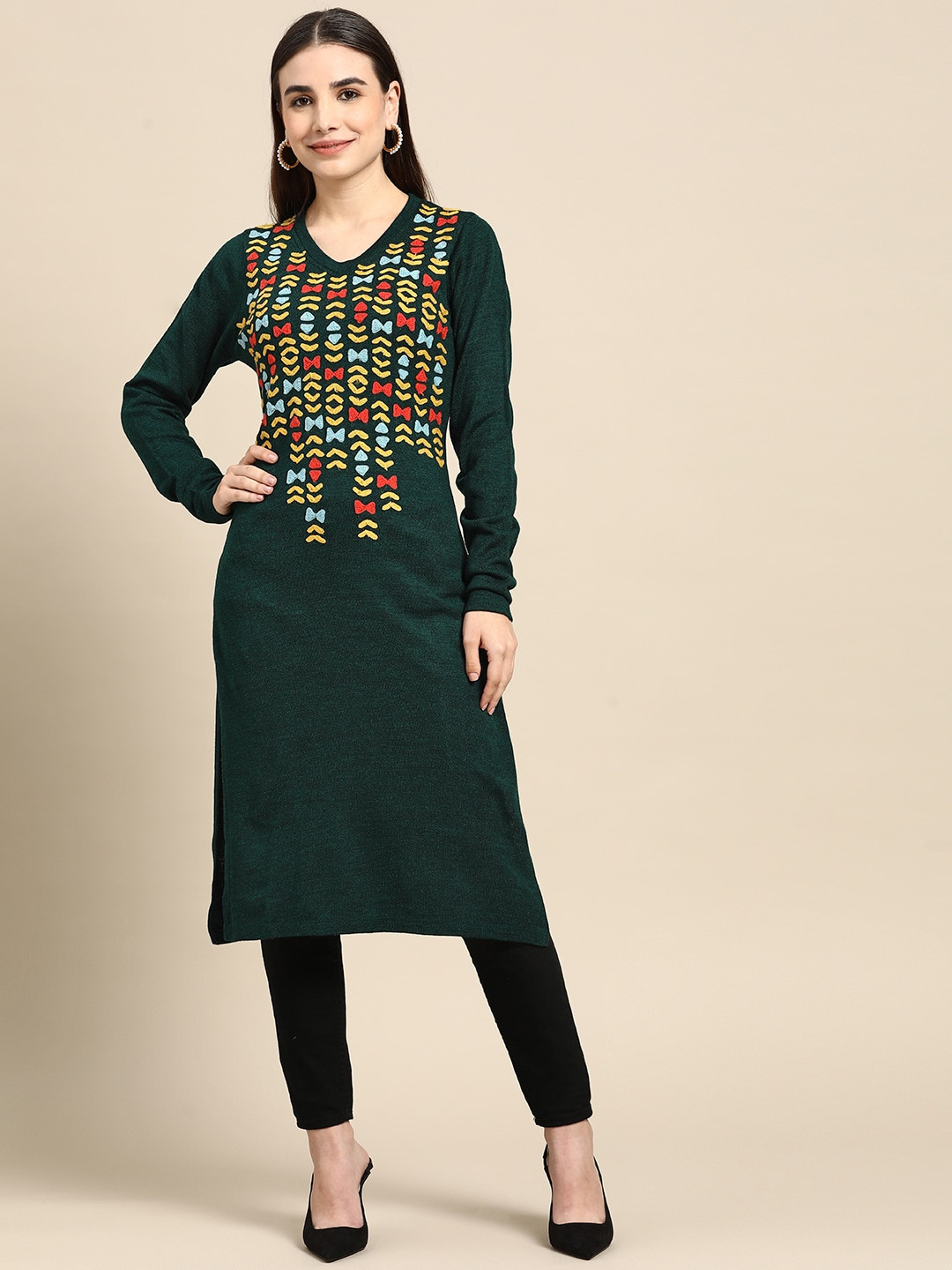 

Anouk Women Teal Green Geometric Pattern Acrylic Embroidered Kurta