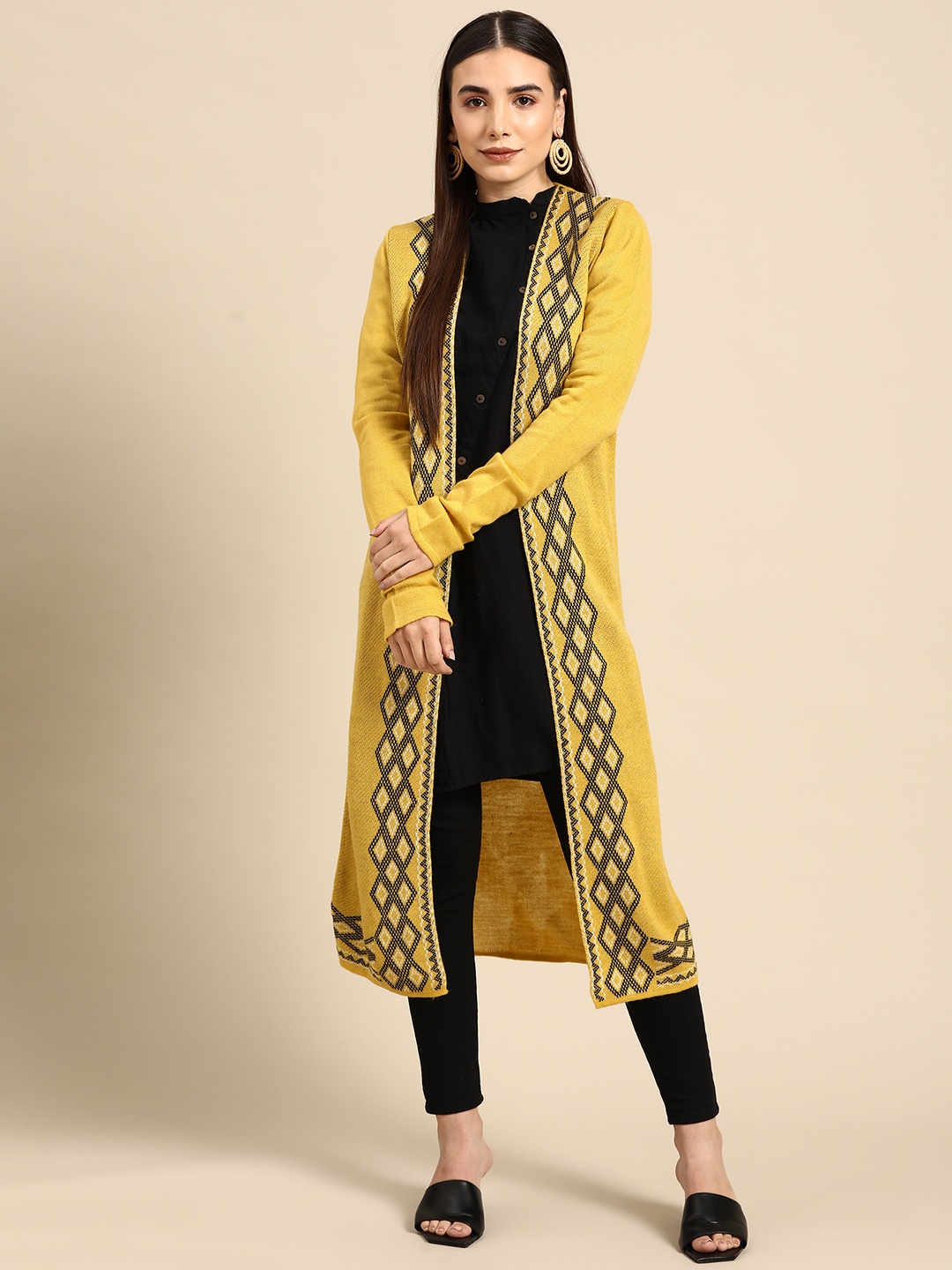

Anouk Women Yellow & Black Self Design Longline Winter Shrug