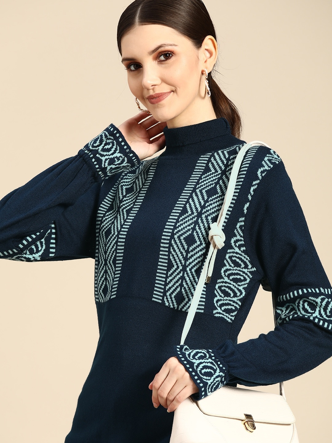 

Anouk Women Navy Blue Ethnic Motifs Printed Woollen Winter Kurta