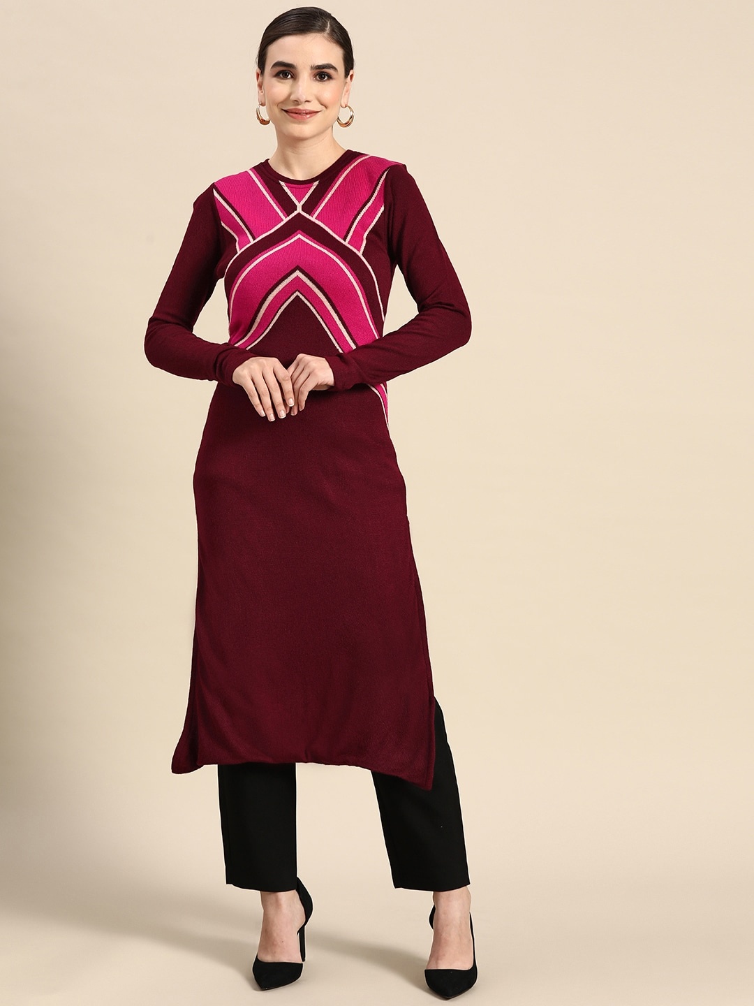 

Anouk Women Maroon & Pink Geometric Winter Kurta