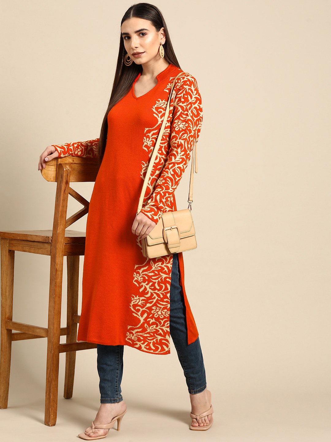 

Anouk Women Orange & Beige Woven Design Woollen Winter Kurta