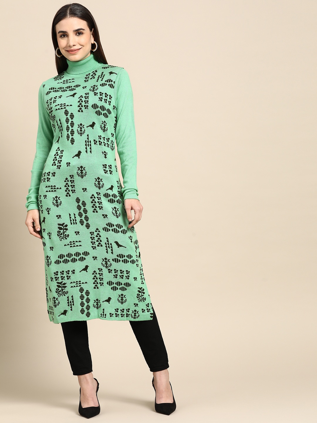 

Anouk Women Green & Black Ethnic Motifs Pattern Acrylic Straight Kurta