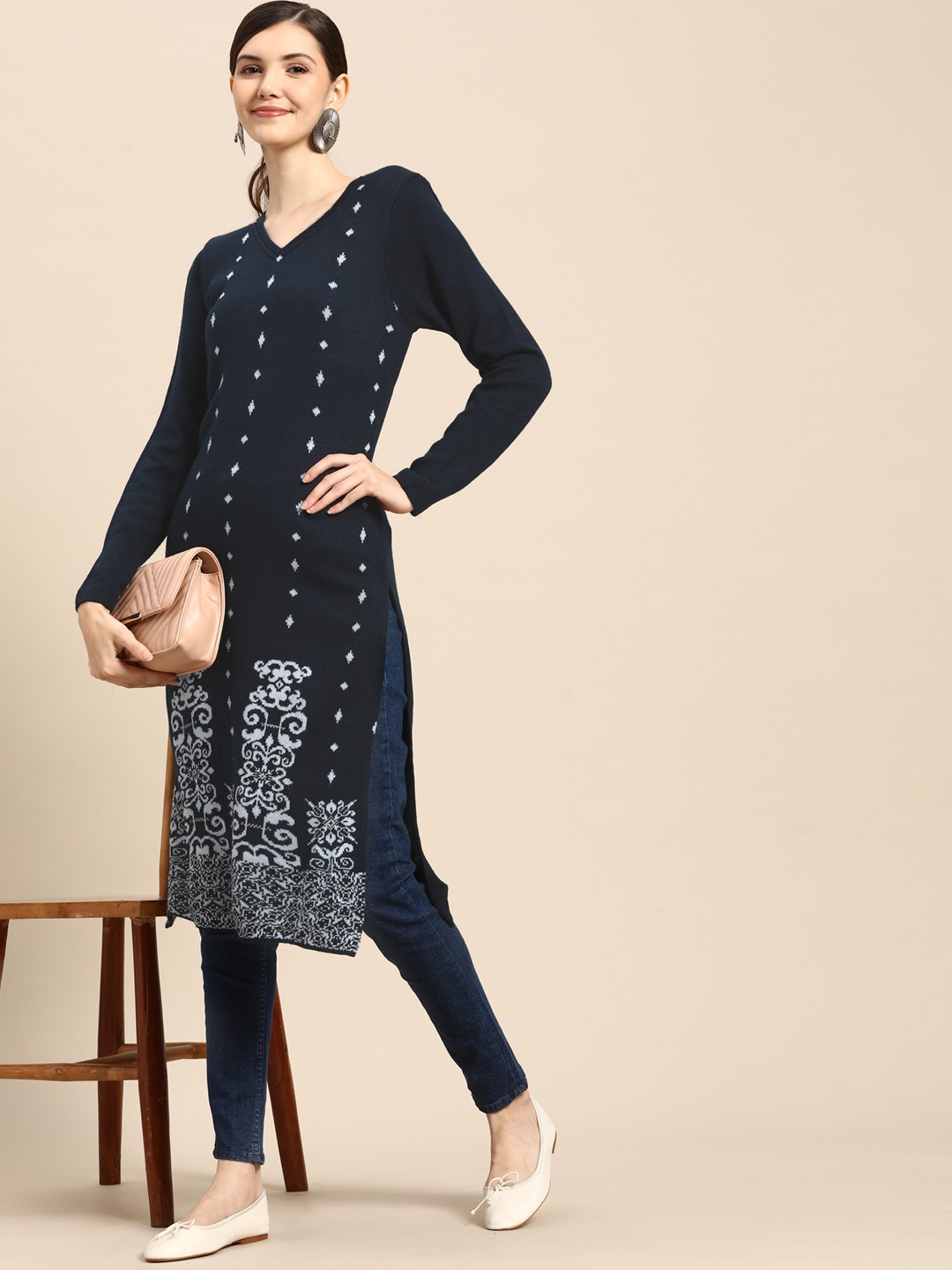 

Anouk Women Navy Blue Ethnic Motifs Thread Work Indigo Winter Winter Kurta