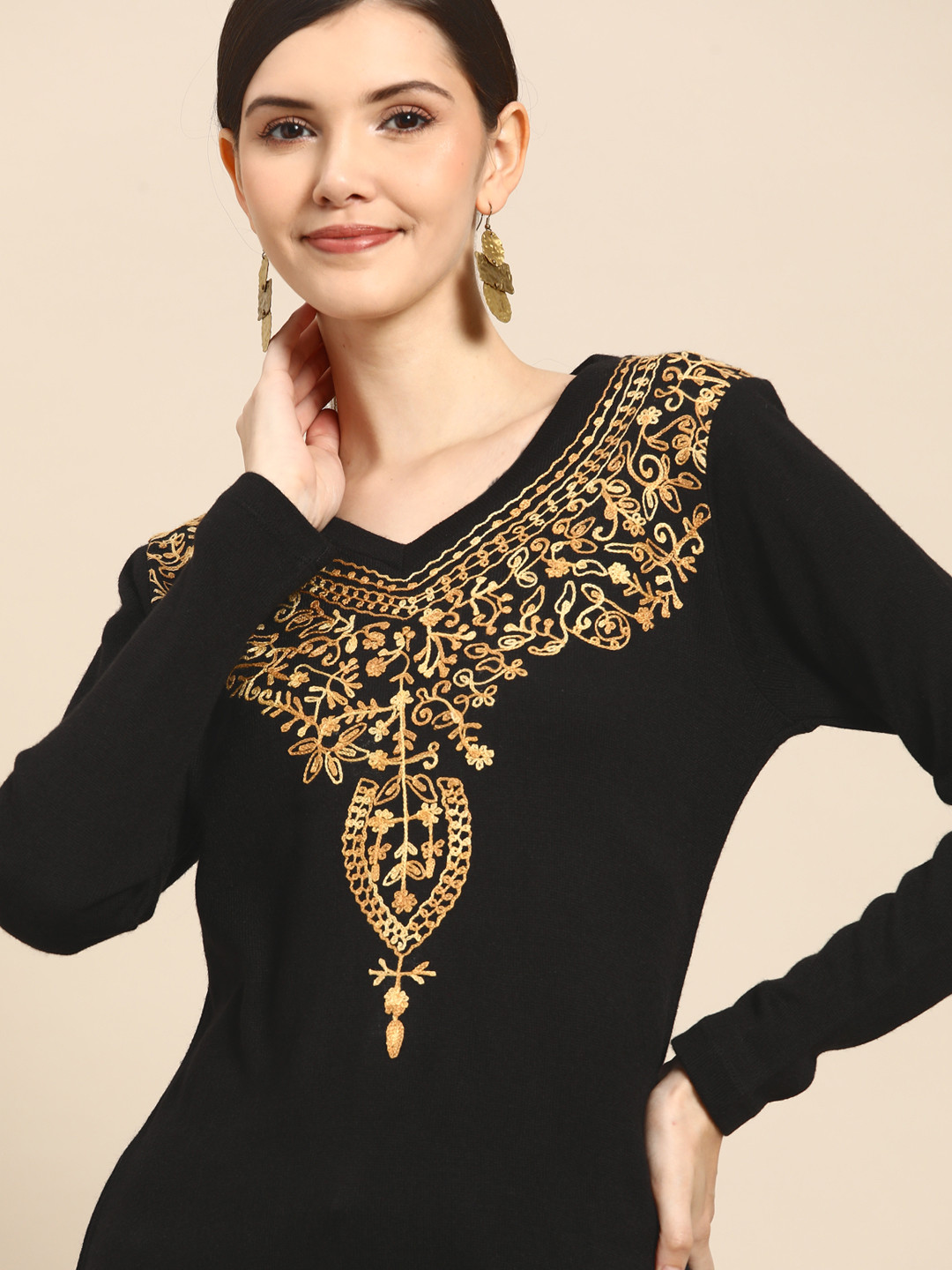 

Anouk Women Black & Yellow Yoke Design Thread Work Winter Winter Kurta