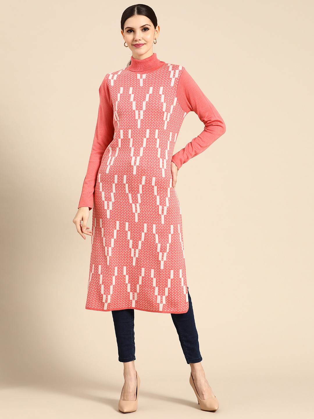 

Anouk Women Pink & White Straight Winter Kurta