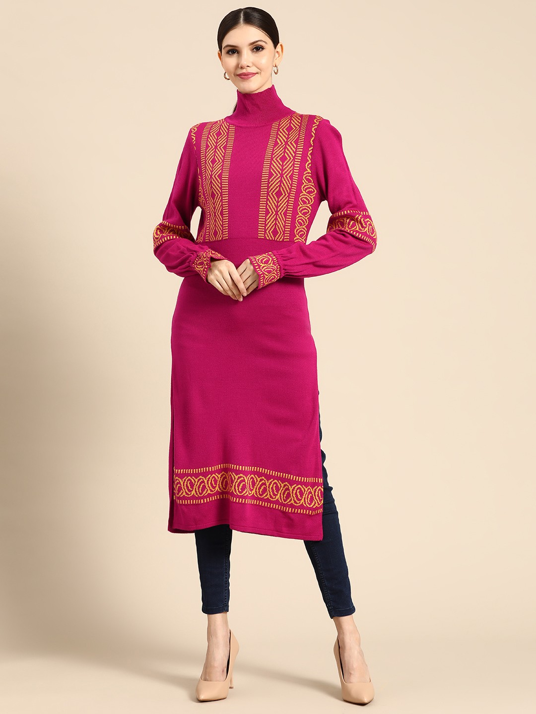 

Anouk Women Fuchsia Pink & Yellow Woven Design Straight Winter Kurta