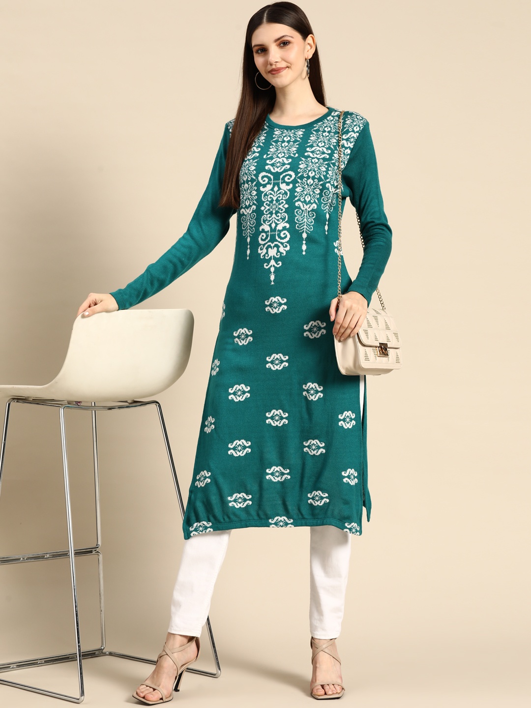 

Anouk Women Teal Green & White Ethnic Motifs Printed Knitted Kurta